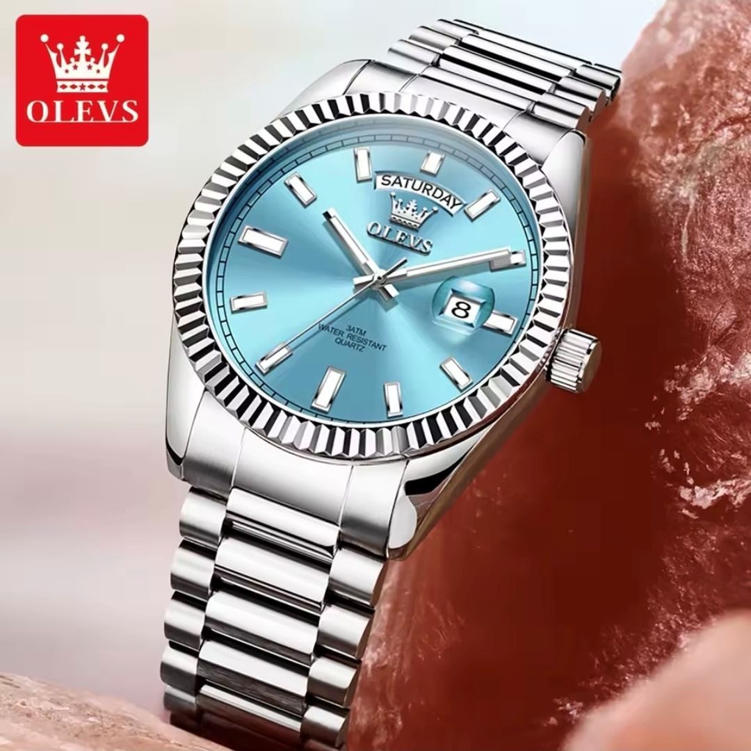 Tidy Quarzuhr OLEVS Herrenquarzuhr Edelstahlgehäuse Gliederband Datum Wochentag 40mm