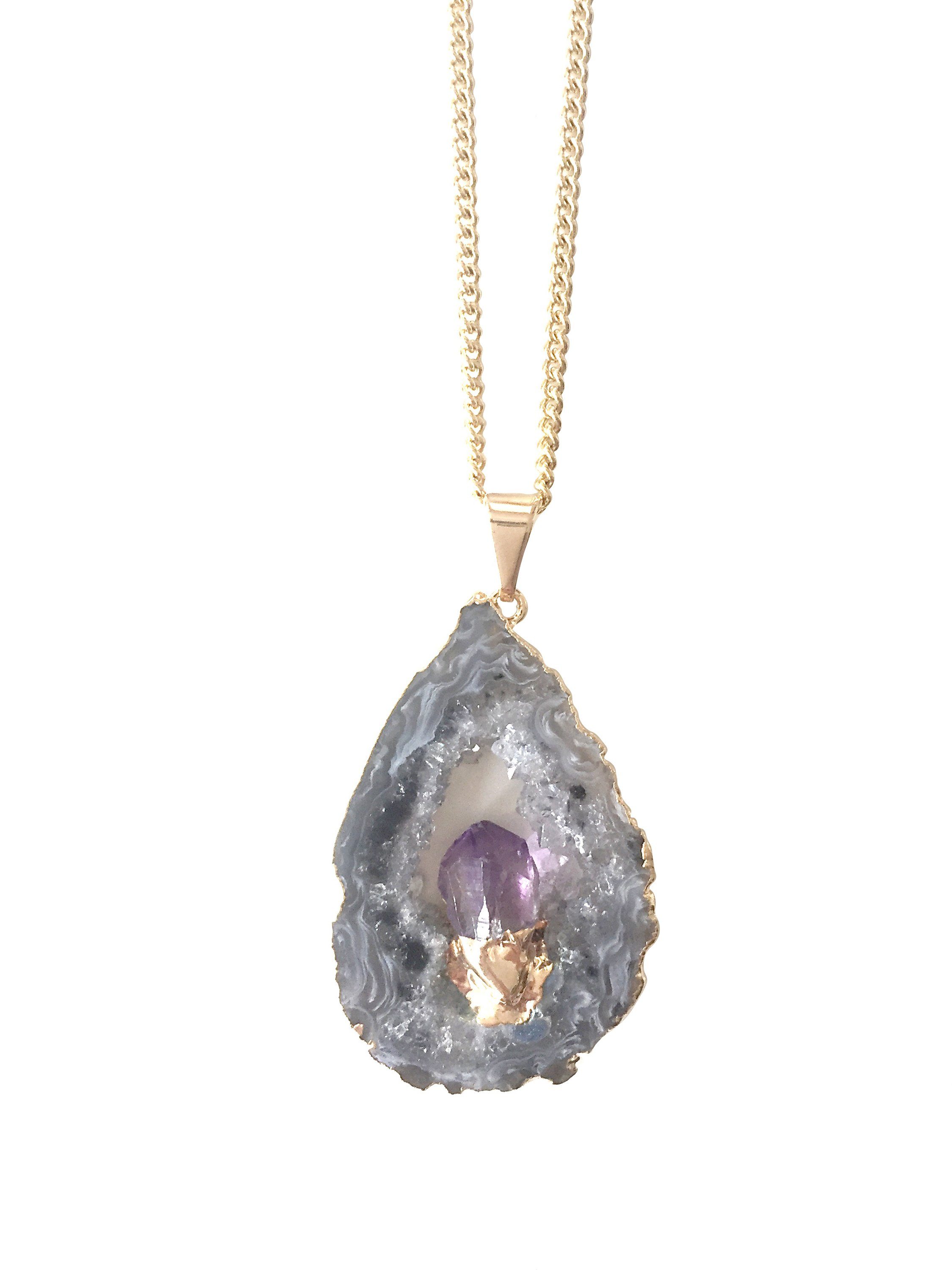 Kette mit Anhänger Achat Edelsteinkette mit Achatscheibe und kleinem Amethyst