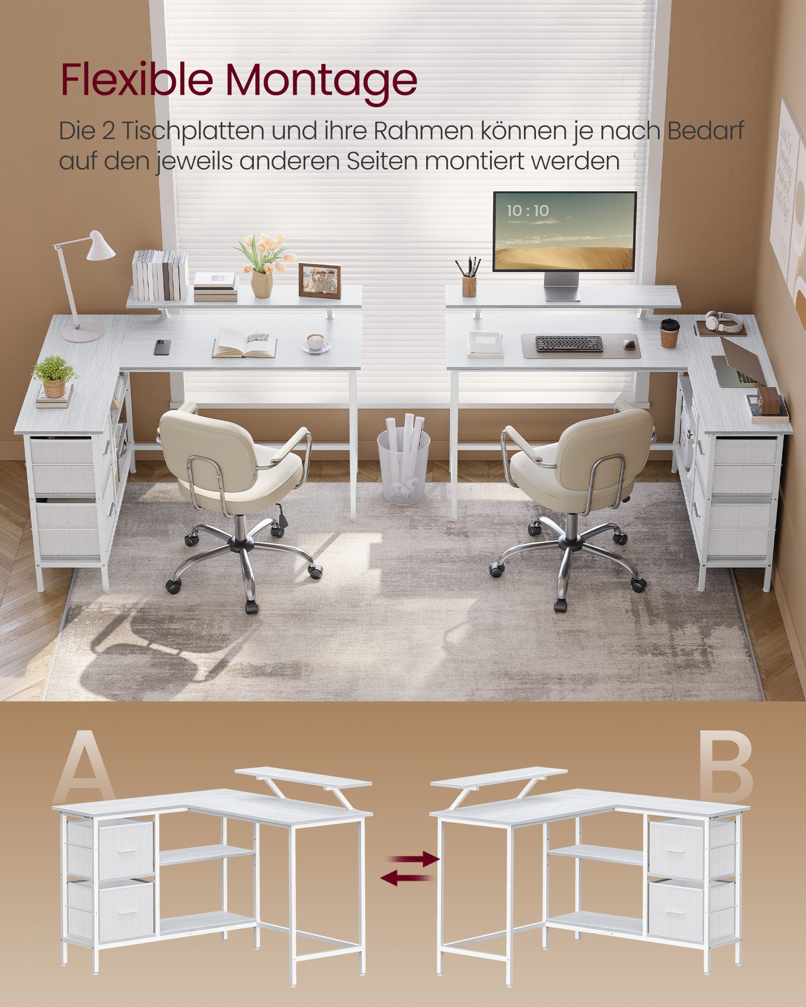 VASAGLE Eckschreibtisch L-förmiger Schreibtisch, 2 Schubladen, Computertisch, für Homeoffice, mit Monitorständer, mit verstellbarer Ablage, 115 x 105 cm