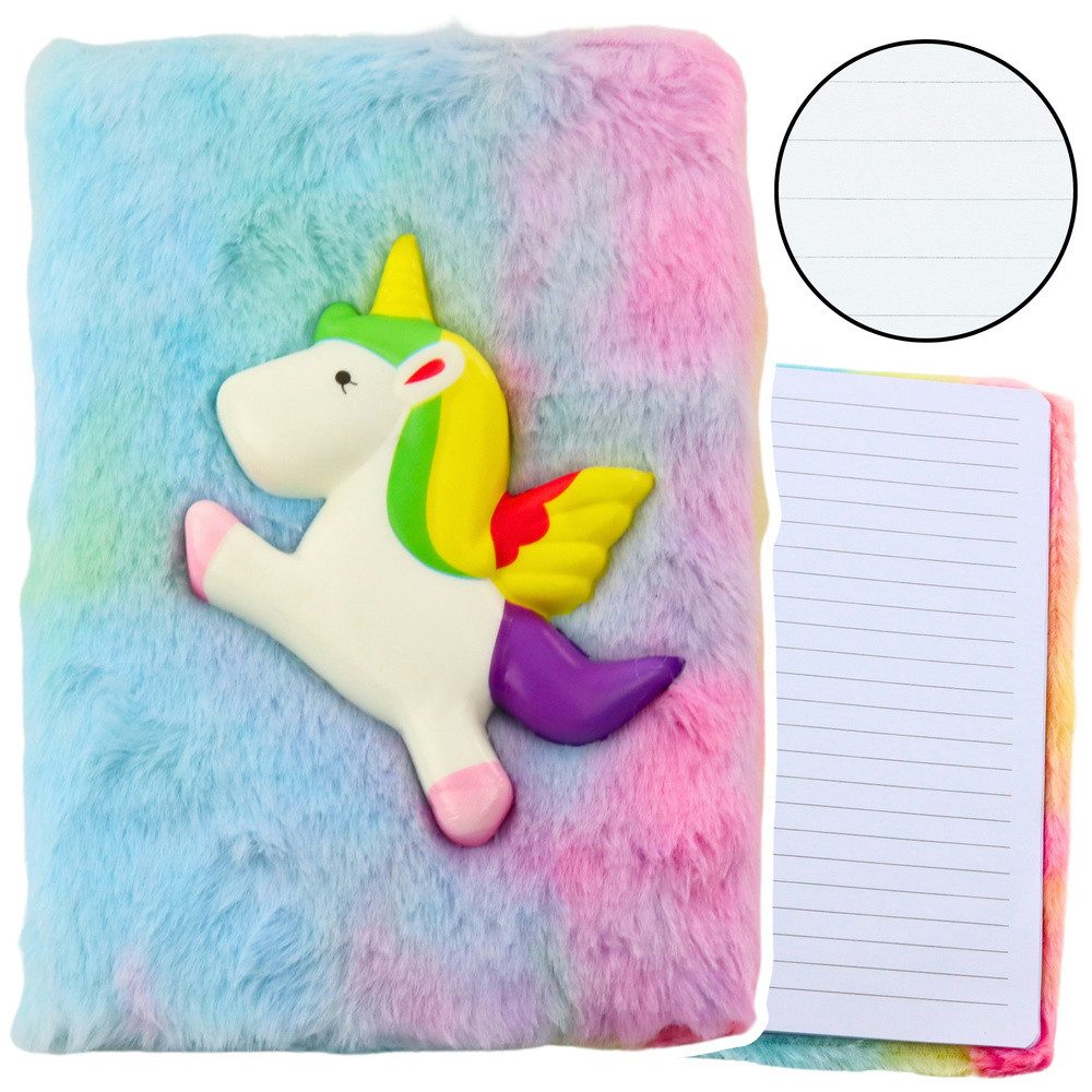 LEAN TOYS Notizbuch Tagebuch Schreibheft Notizheft, 3D-Einhorn-Applikation, Plüscheinband, liniert