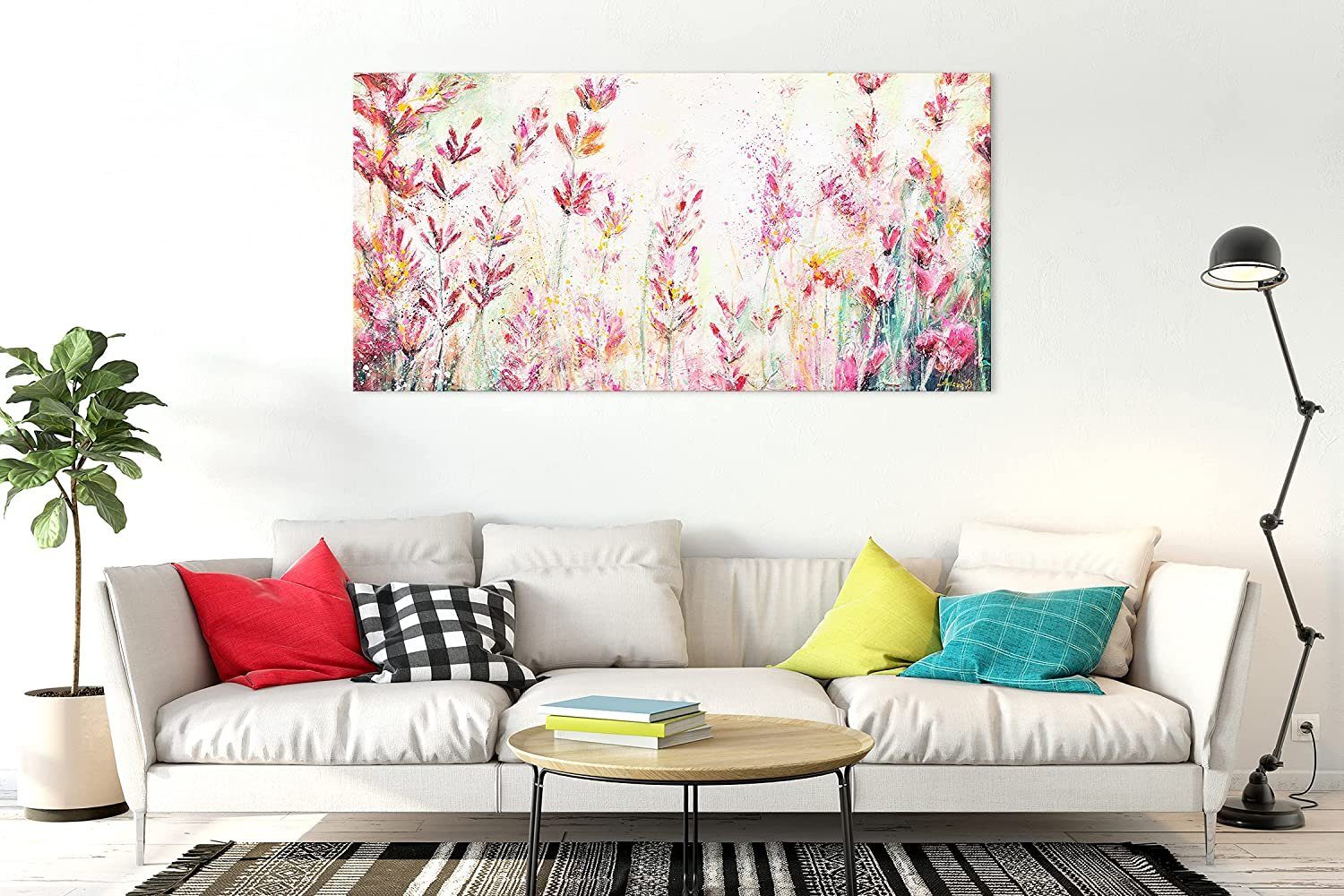 YS-Art Gemälde Juli, Blumen, Bunte Blumen Rosa Handgemalt Bild Leinwand