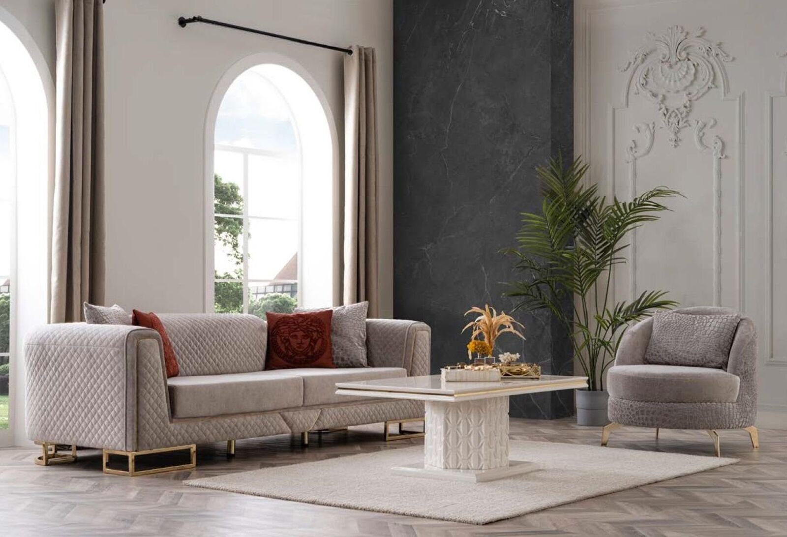 JVmoebel Wohnzimmer-Set, Luxus Sofagarnitur Sofa Beige Sofas Sessel 3+1 Sitzer Stoff