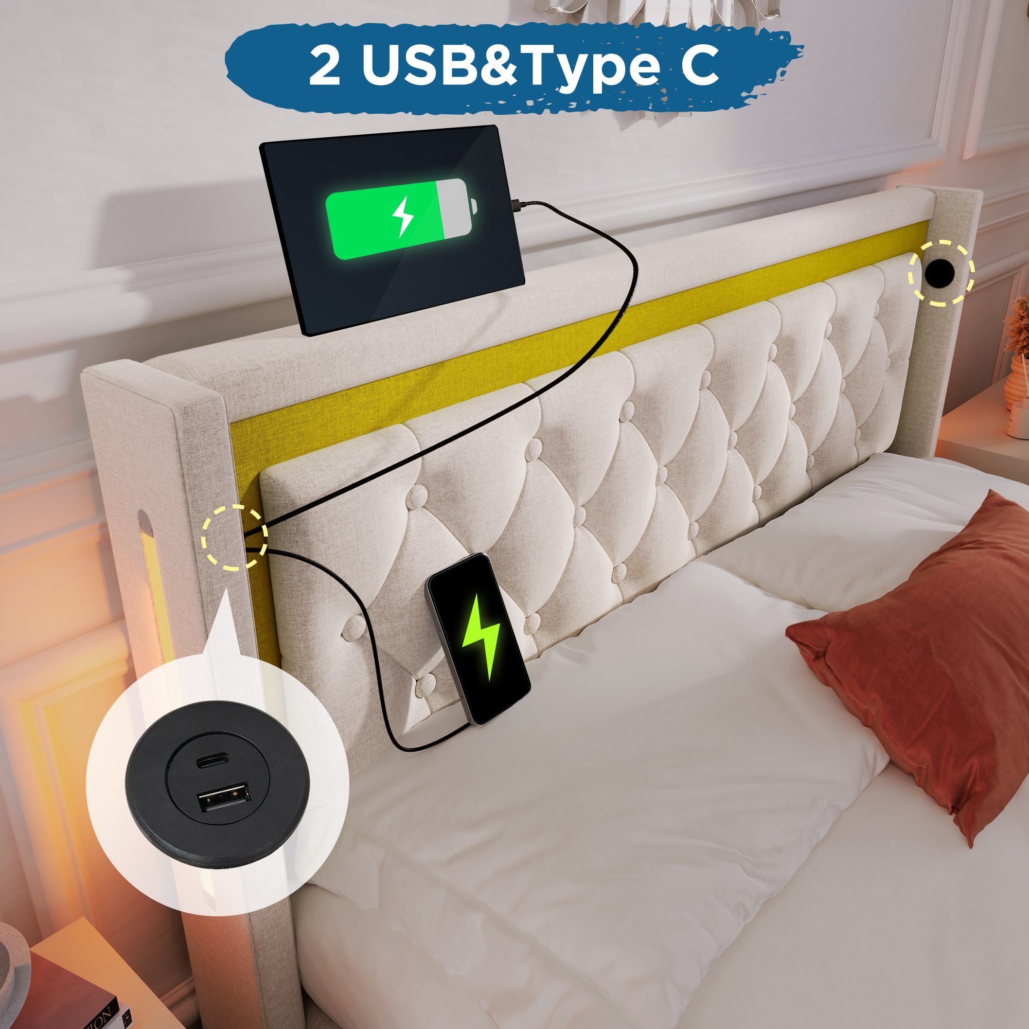 WISHDOR Polsterbett LED Doppelbett (Bettkasten Stauraumbetten Typ mit Baumwolle lattenrost Kopfteil), 140x200 C Ladefunktion aus mit USB Bettgestell