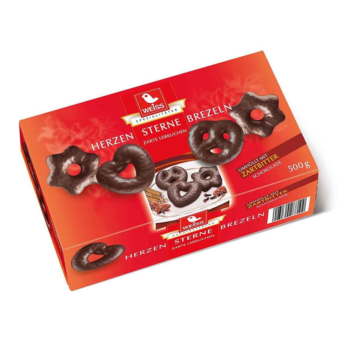 WEISS Süßigkeit, Weiss Lebkuchen Herzen Sterne Brezeln mit Zartbitterschokolade 500g