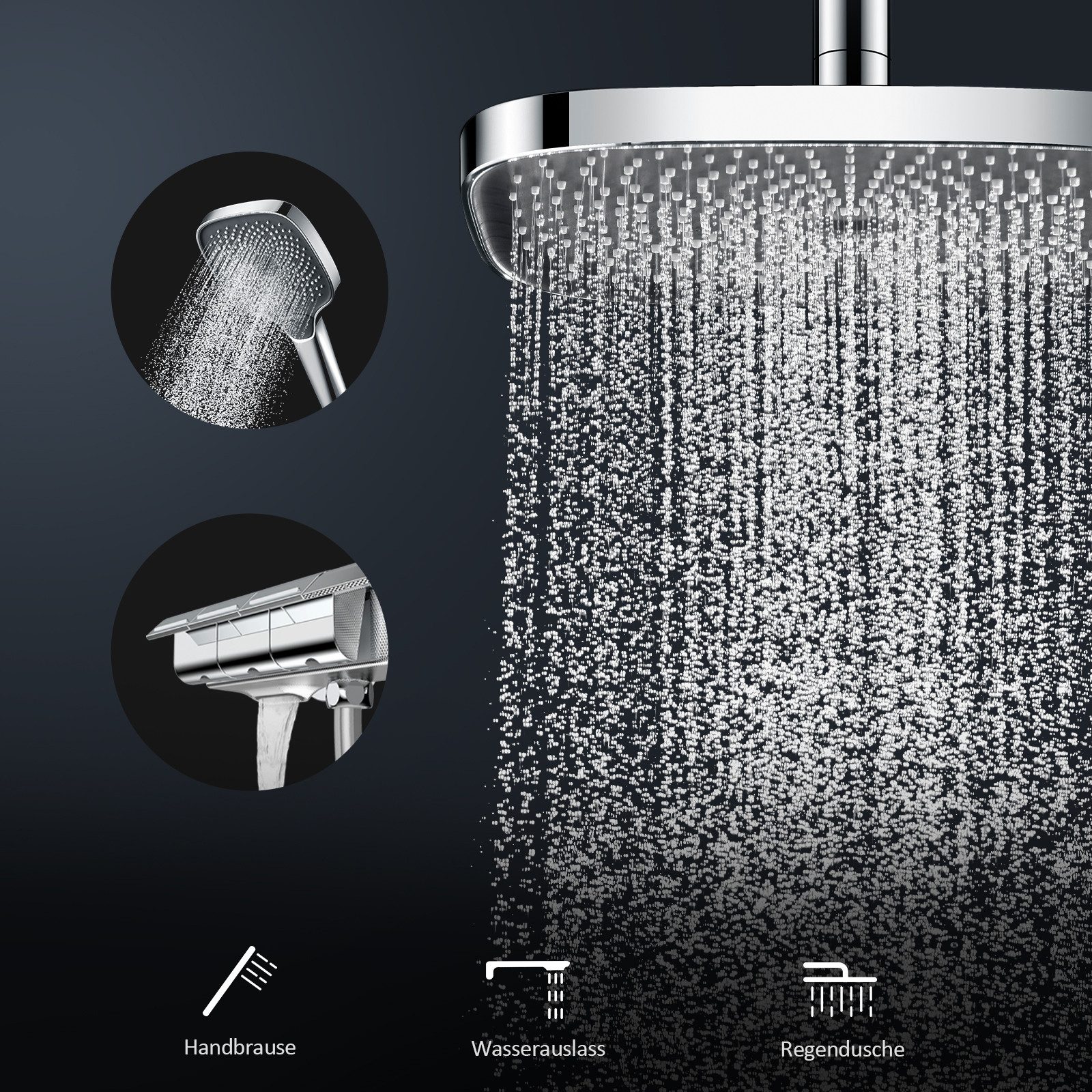 EMKE Duschsystem Thermostat Duschset,Duschsäule Set mit Regal mit Überkopfbrause, Handbrause mit 3 Strahlstärken, Regendusche, Chrom