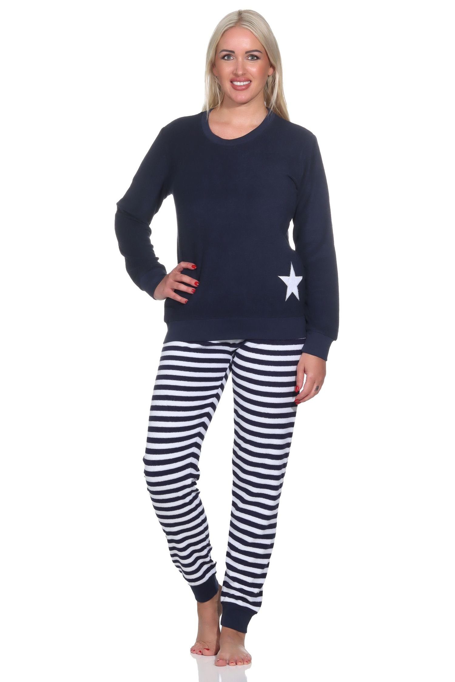 Normann Pyjama Normann Damen Frottee Schlafanzug lang mit Bündchen in Sterne Optik navy