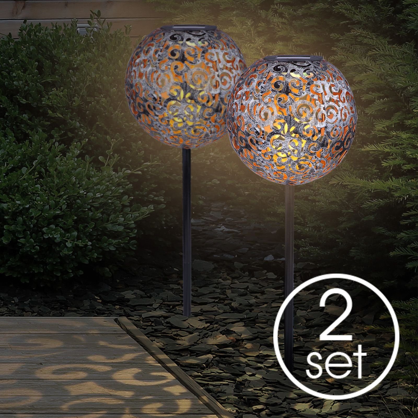 bmf-versand LED Solarleuchte Solarleuchten Garten 2er Set Kugel Metall antik Solarlampe Außen, Gartenbeleuchtung, Solarkugel, mit Schalter, LED fest integriert, Warmweiß, Außenleuchte, Außenlampe, Dekoleuchte, Außenbeleuchtung, Gartenleuchte