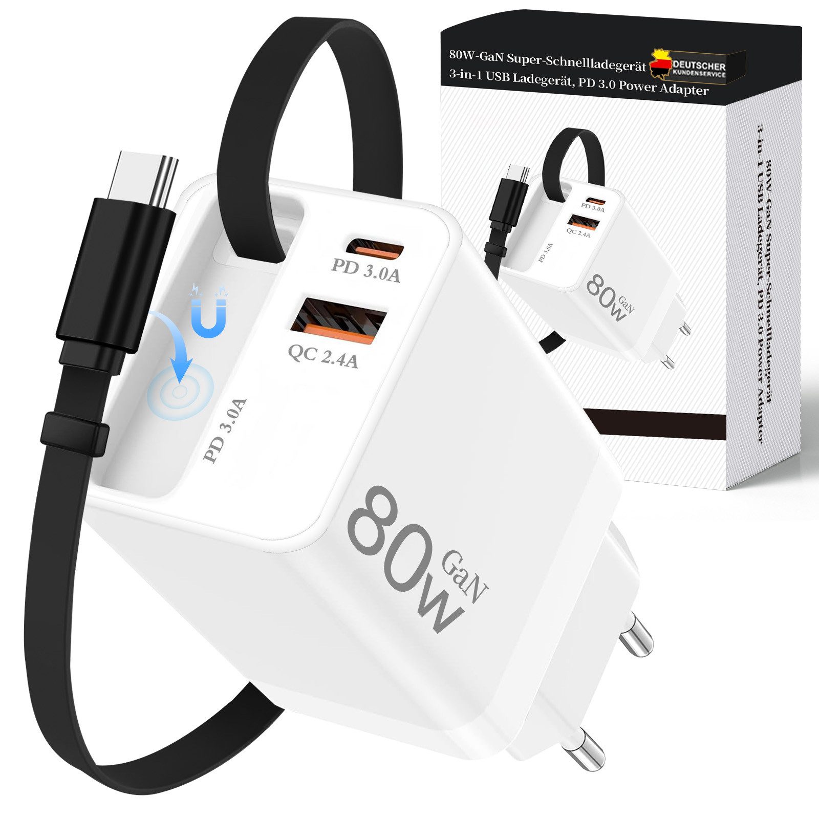 SWGOTA 2026 Neues 80W GaN 3-Port USB C Ladegerät mit Einziehbarem Kabel USB-Ladegerät (80W Schnellladegerät, 3-in-1 USB Netzteil, PD 3.0 Power Adapter, Einzelport-Nutzung, kompatibel mit Super-Schnellladen)