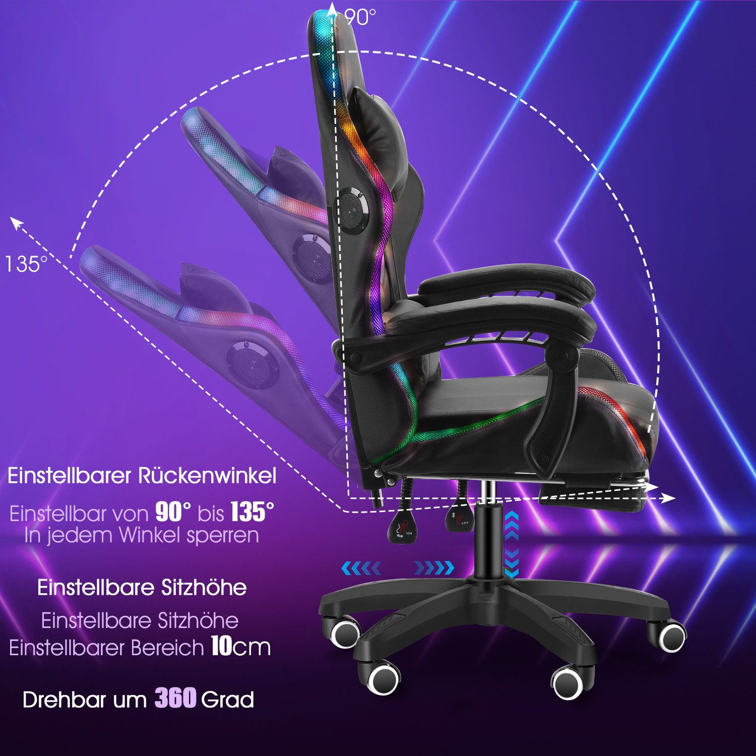 oyajia Gaming Chair Gaming-Stuhl mit LED, mit HIFI Stereo Lautsprecher, Game Bürostuhl (Gaming Chair mit Kopfkissen, Lendenkissen,Fußstütze), Dimmbar mit Fernbe – Bild 5 von 5