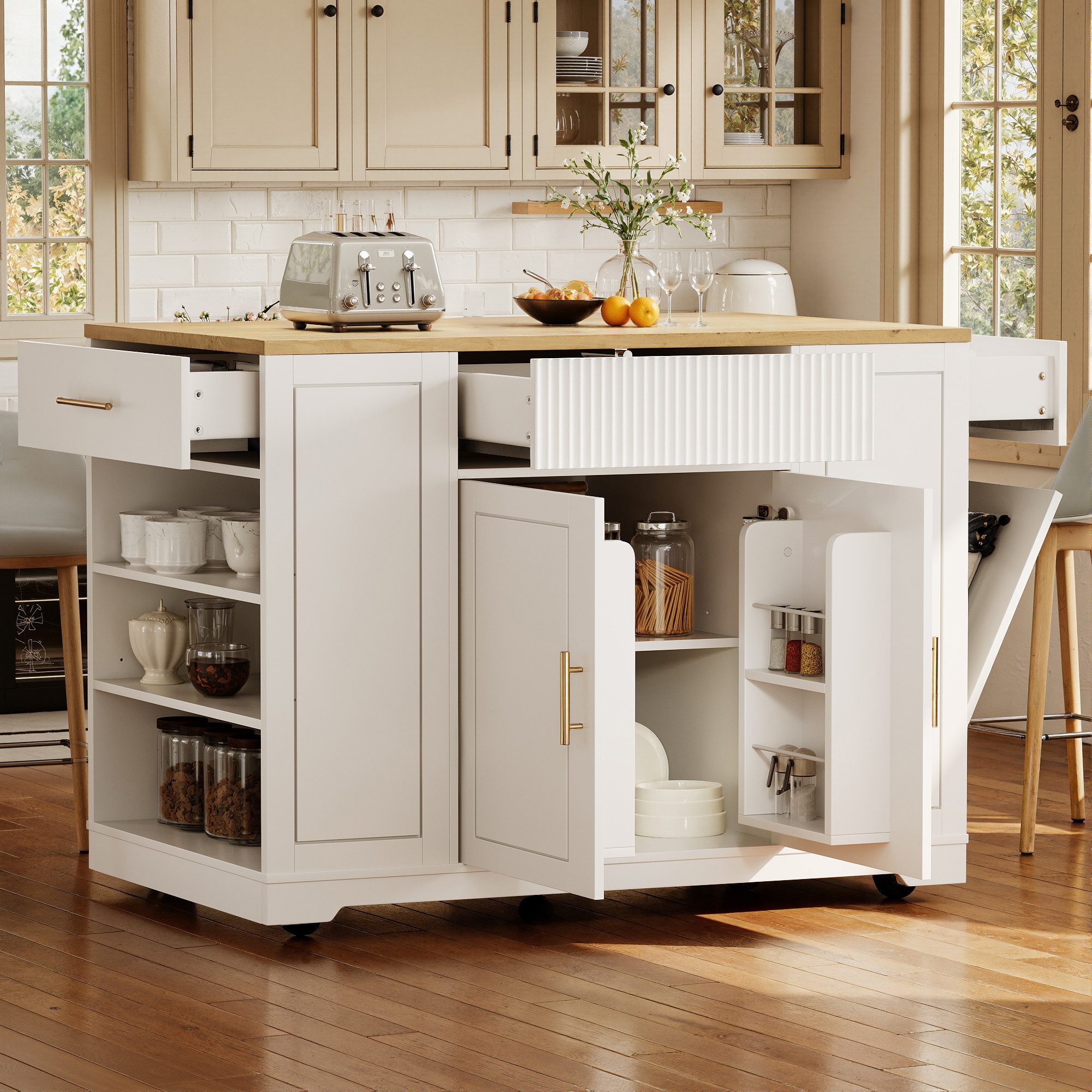 Flieks Küchenwagen mit Rollen, Schubladen, Klappen, Türregalen und verstellbarer Ablagen, (1 St), Kücheninsel Buffetschrank Servierwagen mit Abfallbehälterfach Weiß