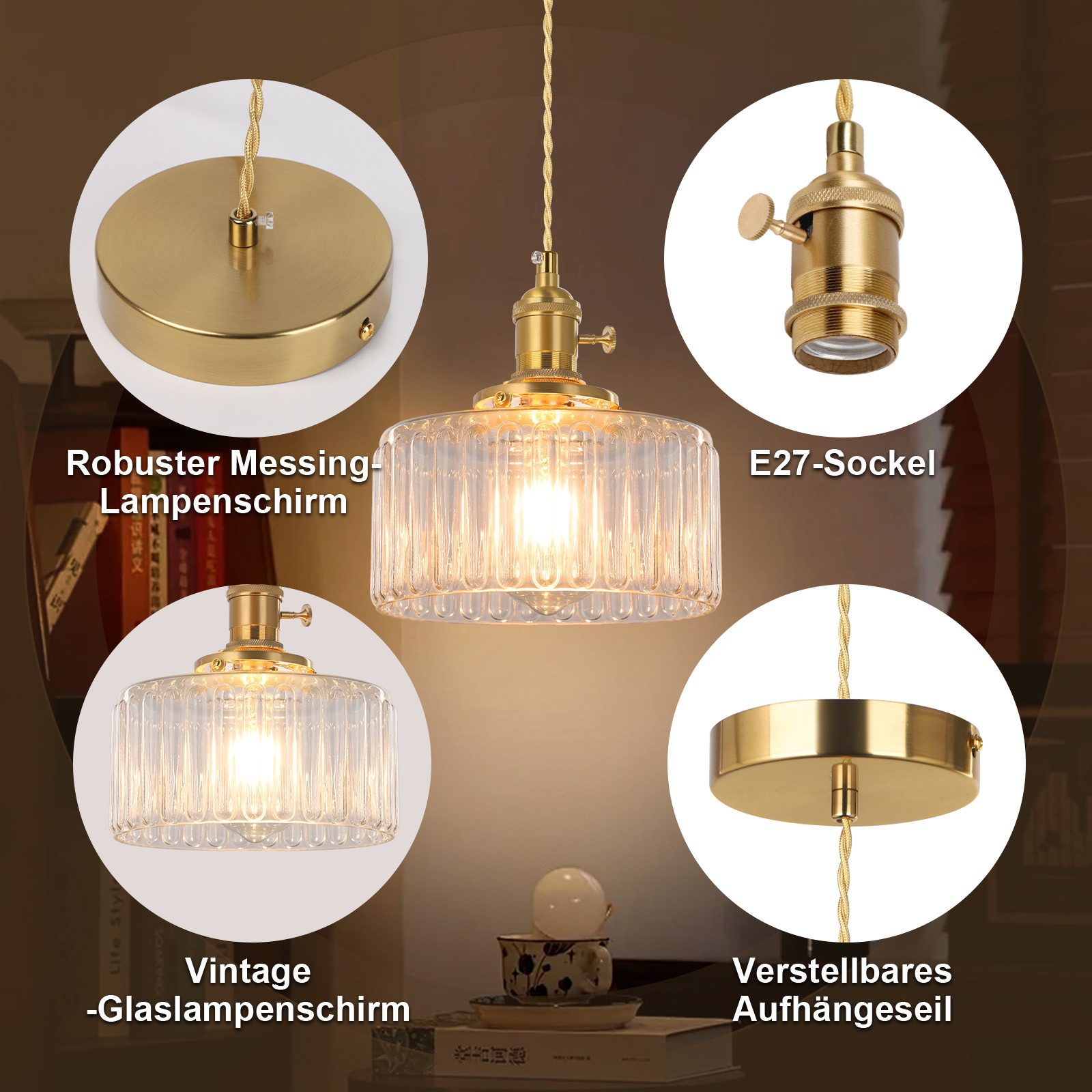 Sunicol Pendelleuchte LED Glas Hängelampe höhenverstellbar, Vintage, Warmweiße, LED wechselbar, Hängeleuchte mit E27 Fassung und Glühbirne für Esstisch – Bild 5 von 5