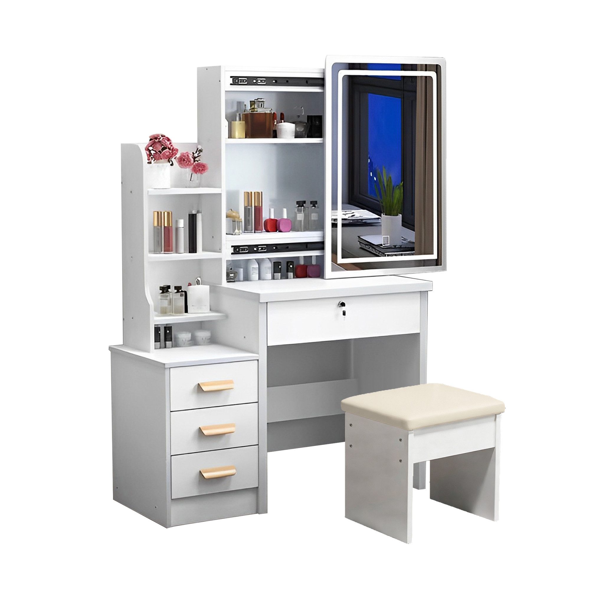 SONNI Schminktisch Stilvoller Schminktisch mit Spiegel und Beleuchtung, 3-farbig verstellbarer Beleuchtung, 4 Schubladen, B85/H130/T36cm.