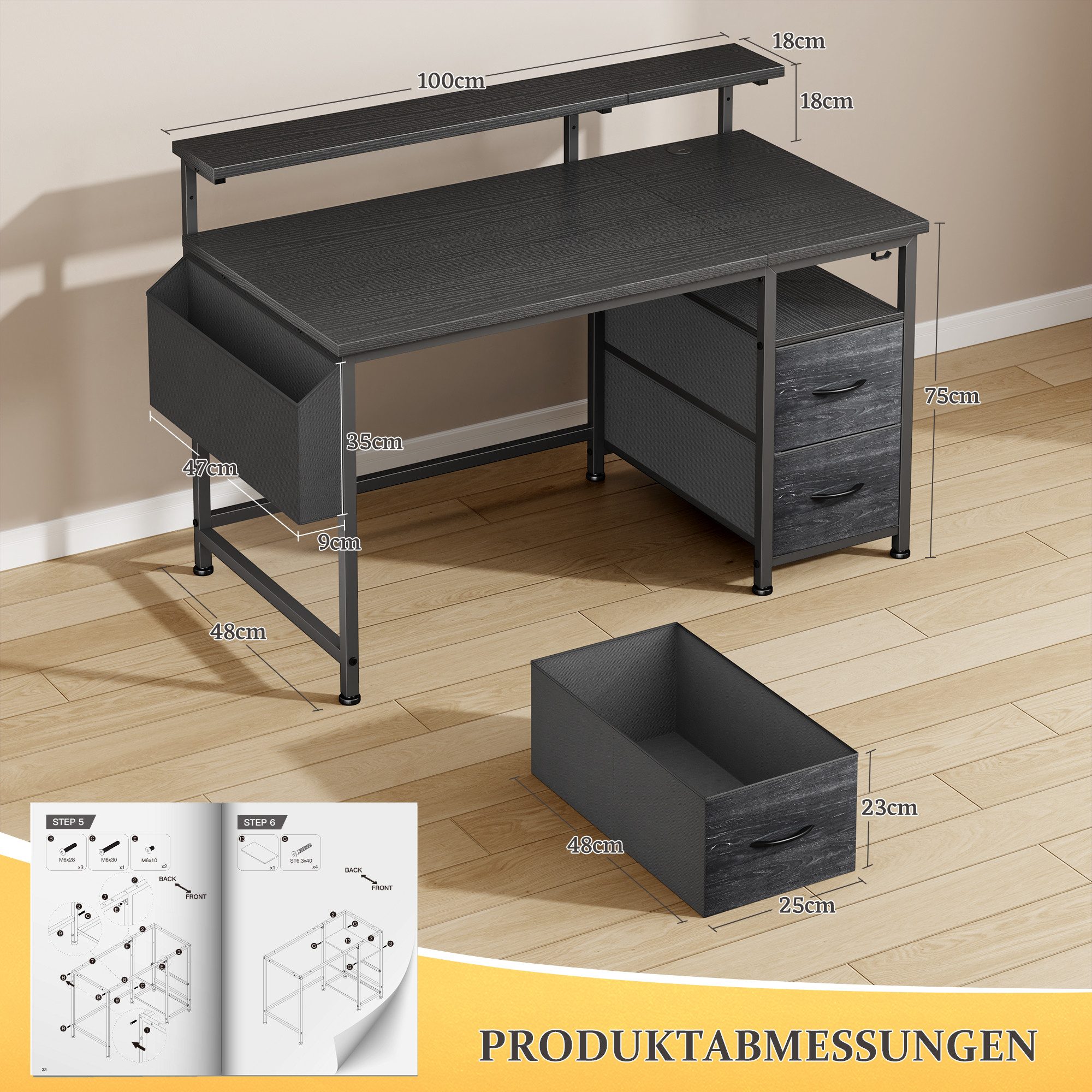 Klyvvo Eckschreibtisch Computertisch, Schreibtisch mit 2 Schubladen Bieten Stauraum (1-St., mit Monitorständer, 2 Ablagehaken), Kompakte Maße Passen Gut in Studierende, Home-Office-Arbeiter