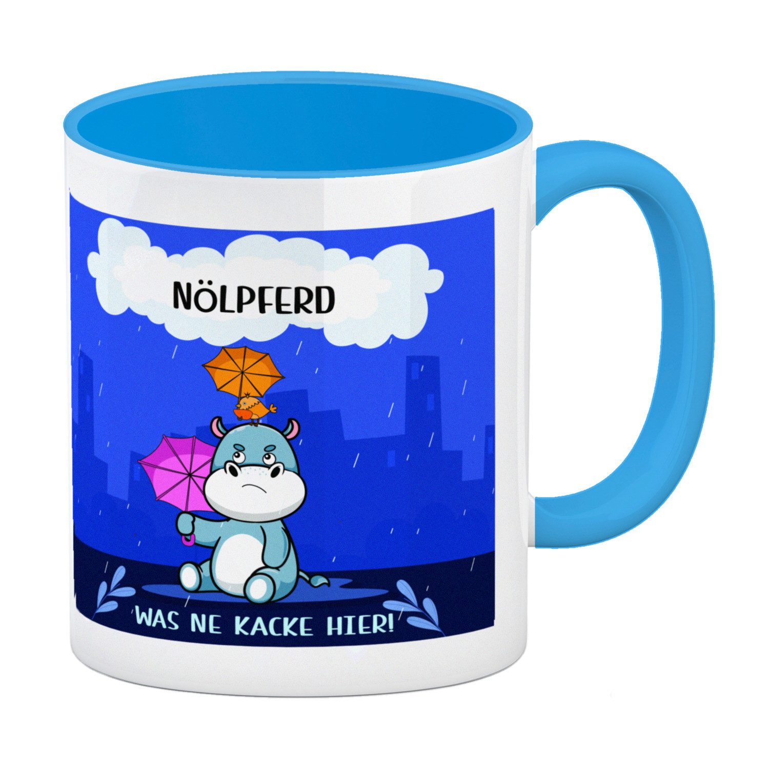 Tasse Nilpferd Kaffeebecher in hellblau mit Spruch Nölpferd Was ne Kacke