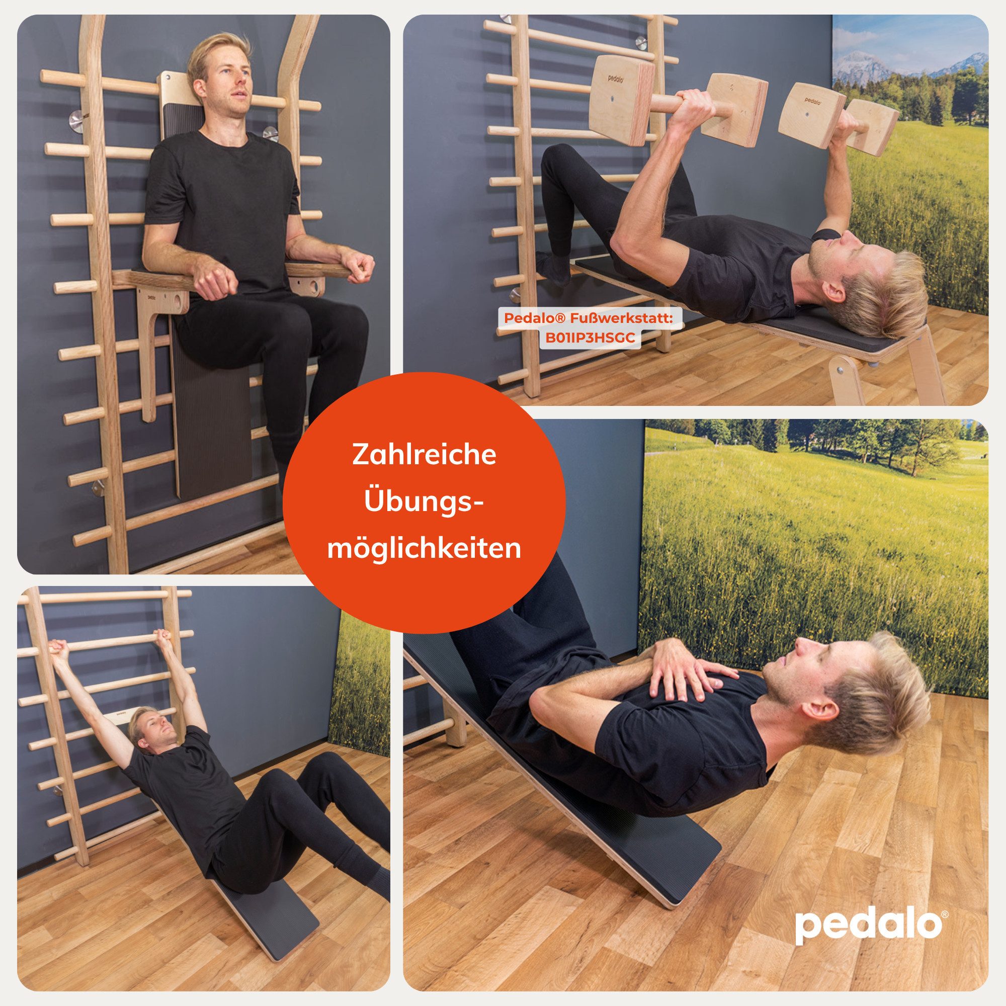 pedalo® Sprossenwand Schrägbrett I Hantelbank I Trainingsbank, (Universell passend an Sprossenwände), Polster abnehmbar, erweiterbar zur Trainingsbank