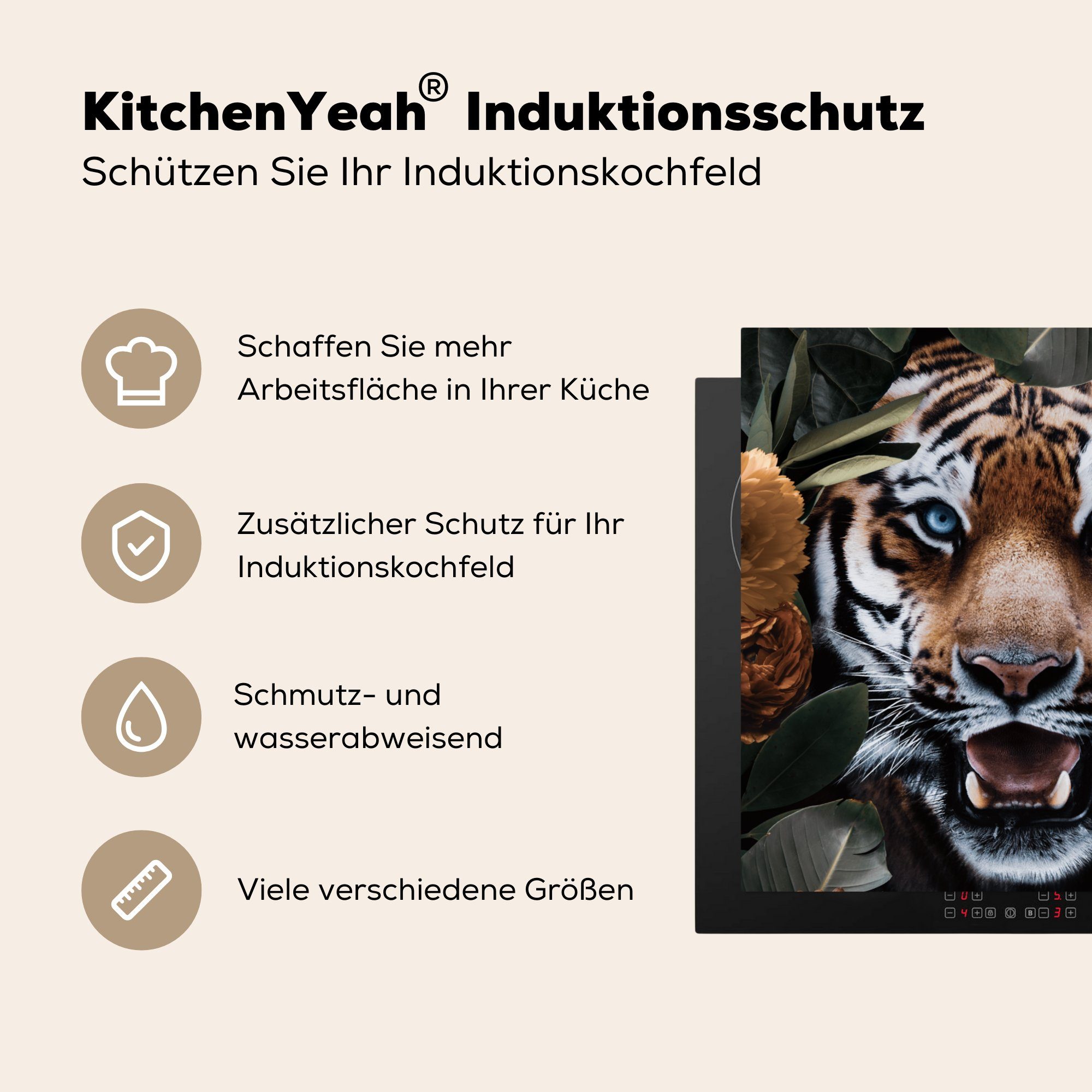 Blatt für küche cm, tlg), Ceranfeldabdeckung, - - Vinyl, (1 78x78 MuchoWow Tiere, Herdblende-/Abdeckplatte Arbeitsplatte Tiger