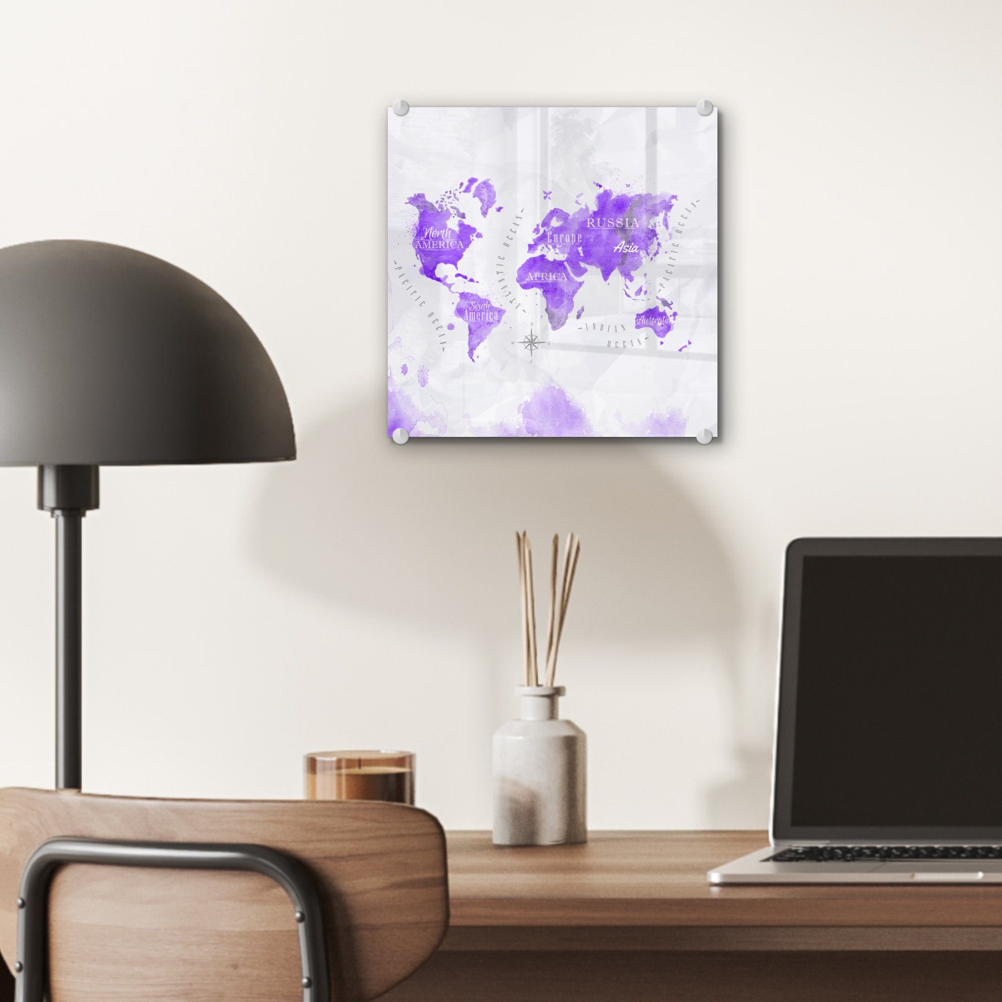 Foto Violett, Glasbilder - Weltkarten - - MuchoWow - Ölfarbe Glas Bilder Acrylglasbild (1 auf Wandbild Wanddekoration St), auf Glas -