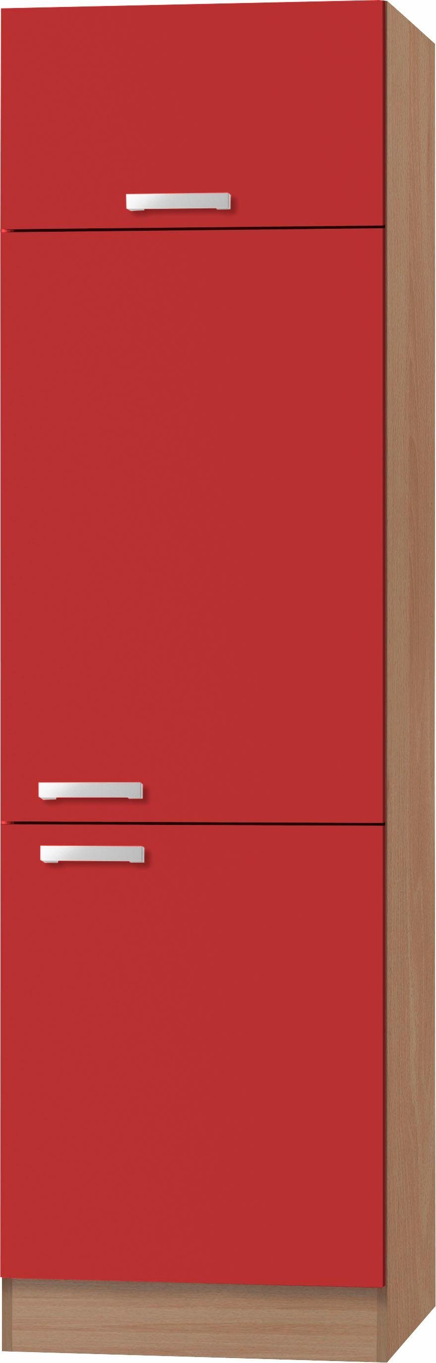 OPTIFIT Kühlumbauschrank Odense 60 cm breit, 207 cm hoch, geeignet für Einbaukühlschrank mit maß 88 cm rot/buche | buchefarben