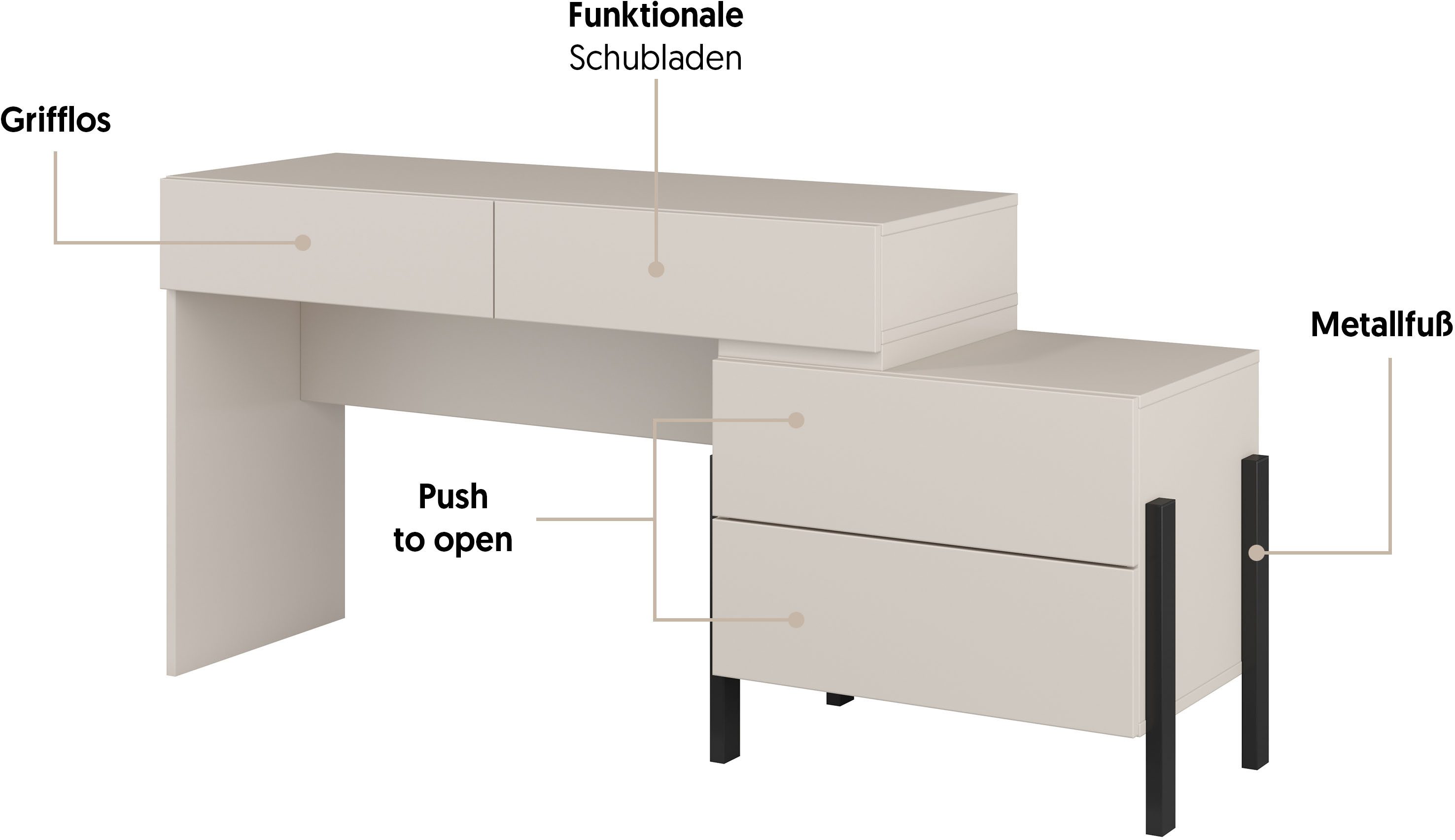 OTTO home Schminktisch Jukon, Breite 143 cm, moderner Schminktisch (ohne Spiegel), Schminktisch, grifflos mit 4 SK