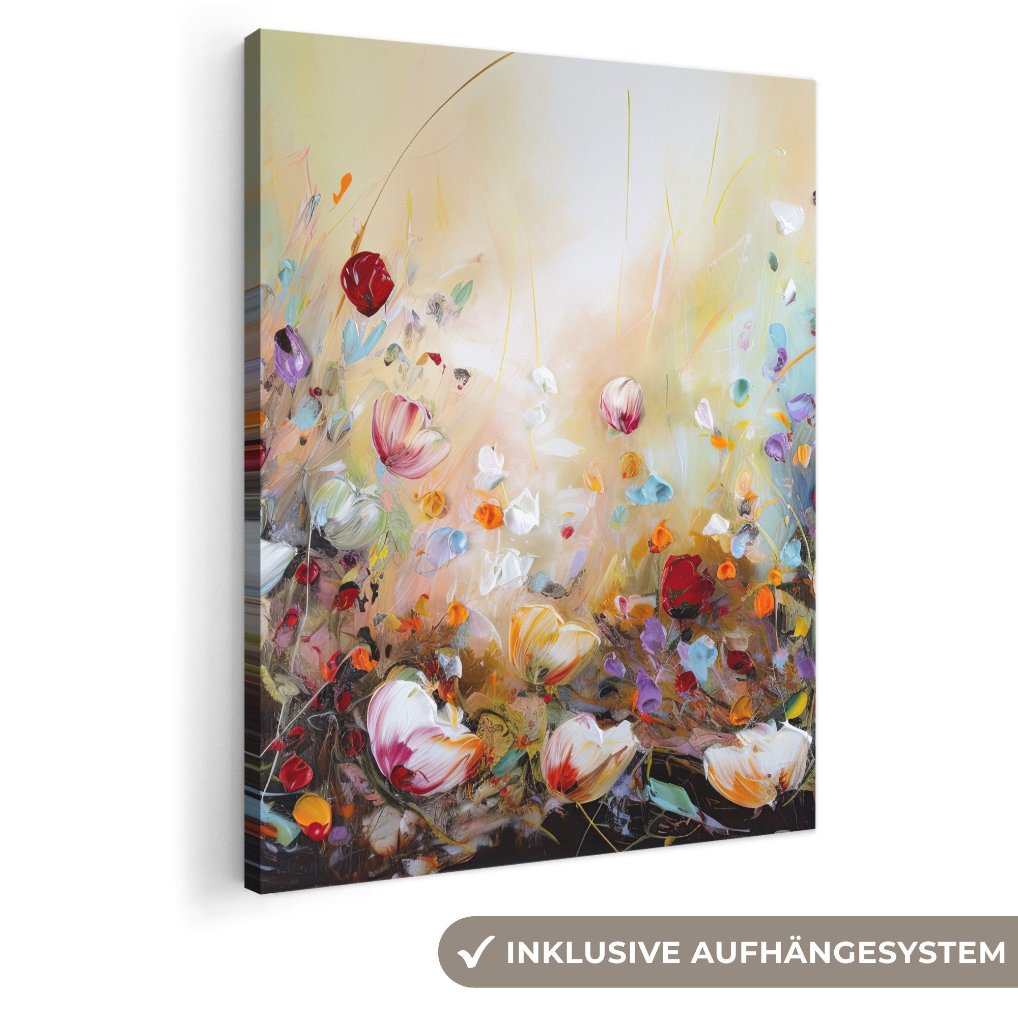 OneMillionCanvasses® Leinwandbild Ölfarben - Blumen - Farbenfroh - Natur, Fotodruck (1 St), Leinwand Bilder für Wohnzimmer Schlafzimmer 50x70 cm
