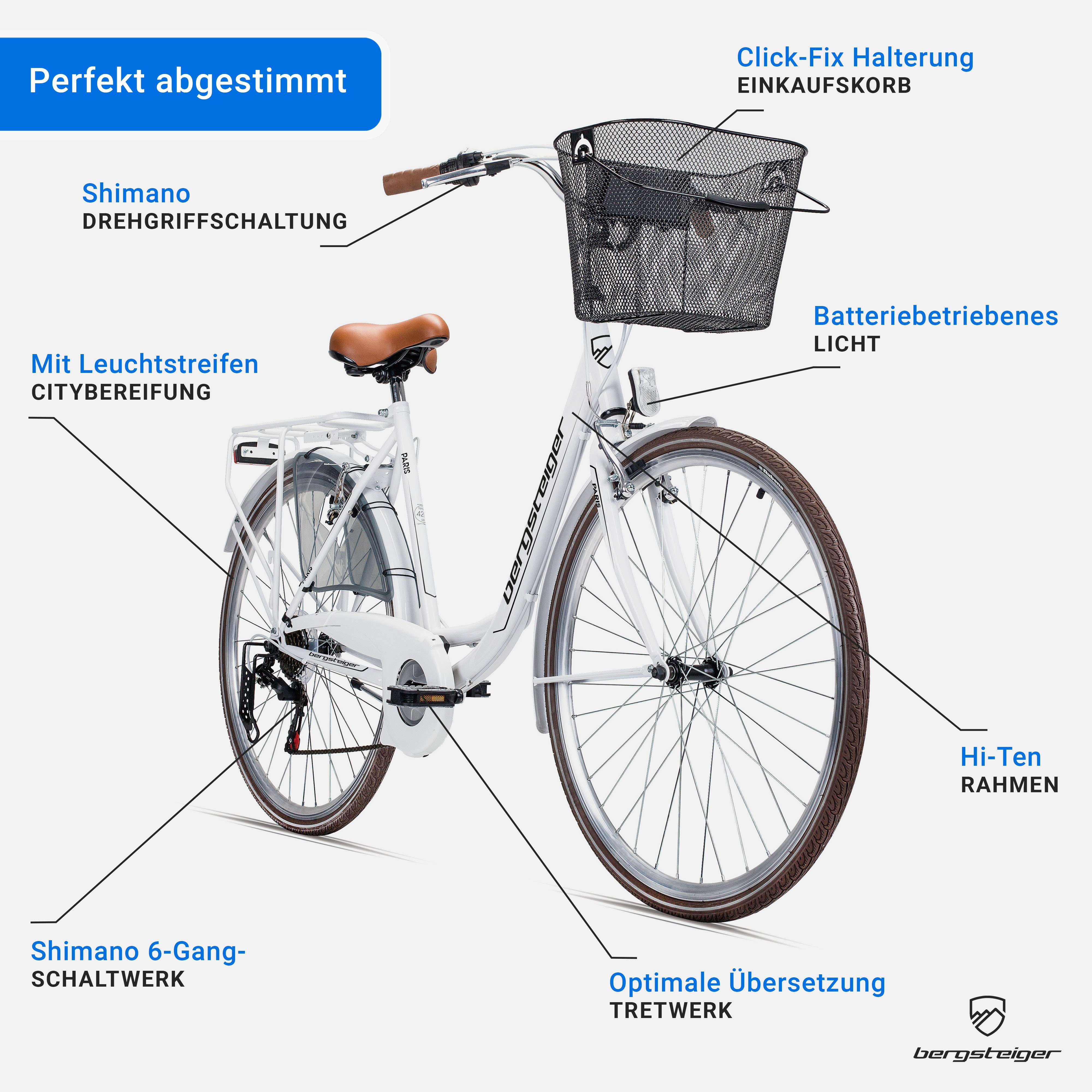 bergsteiger Cityrad Paris 26 Zoll, 28 Zoll Damenfahrrad, ab 140 cm, Korb, Licht, 6 Gang Shimano Tourney RD-TZ50 Schaltwerk, Kettenschaltung, V-Bremsen – Bild 5 von 5