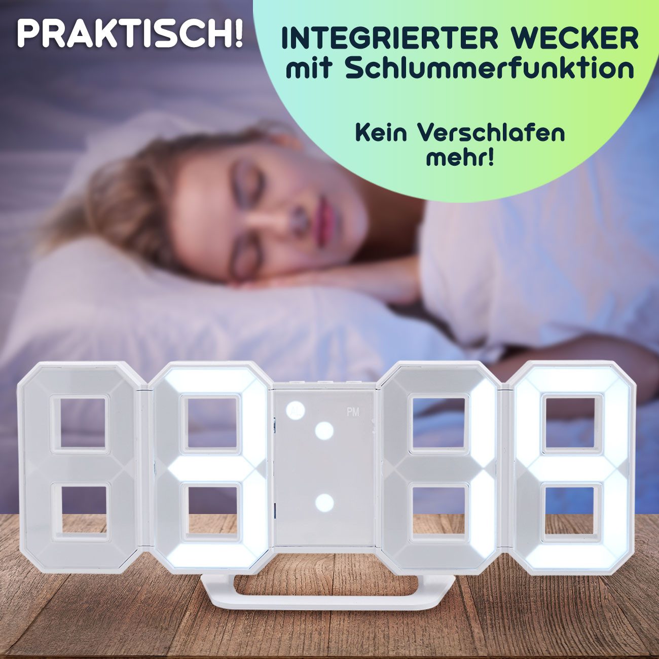 Casativo Wanduhr 3D LED Digitaluhr 7-Segment 21,5 cm Weiß Tisch- & Wanduhr mit Wecker (mit Schlummerfunktion, Nachtmodus & USB-Anschluss, Aufstellbar) – Bild 5 von 5