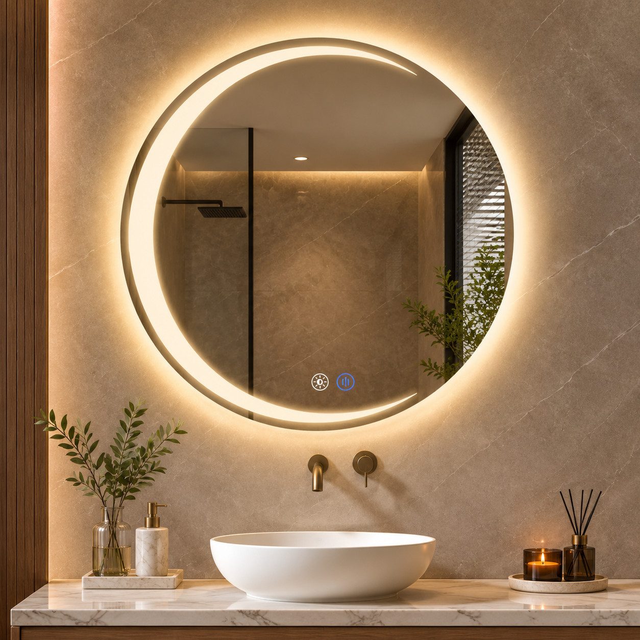 Ledklang Wandspiegel LED spiegel mit Beleuchtung Rund 50/60/70/80cm,Dimmbar,Touch-Schalter, mit Antibeschlagfunktion,Stufenlos Dimmbar,3 Farbtemperaturen