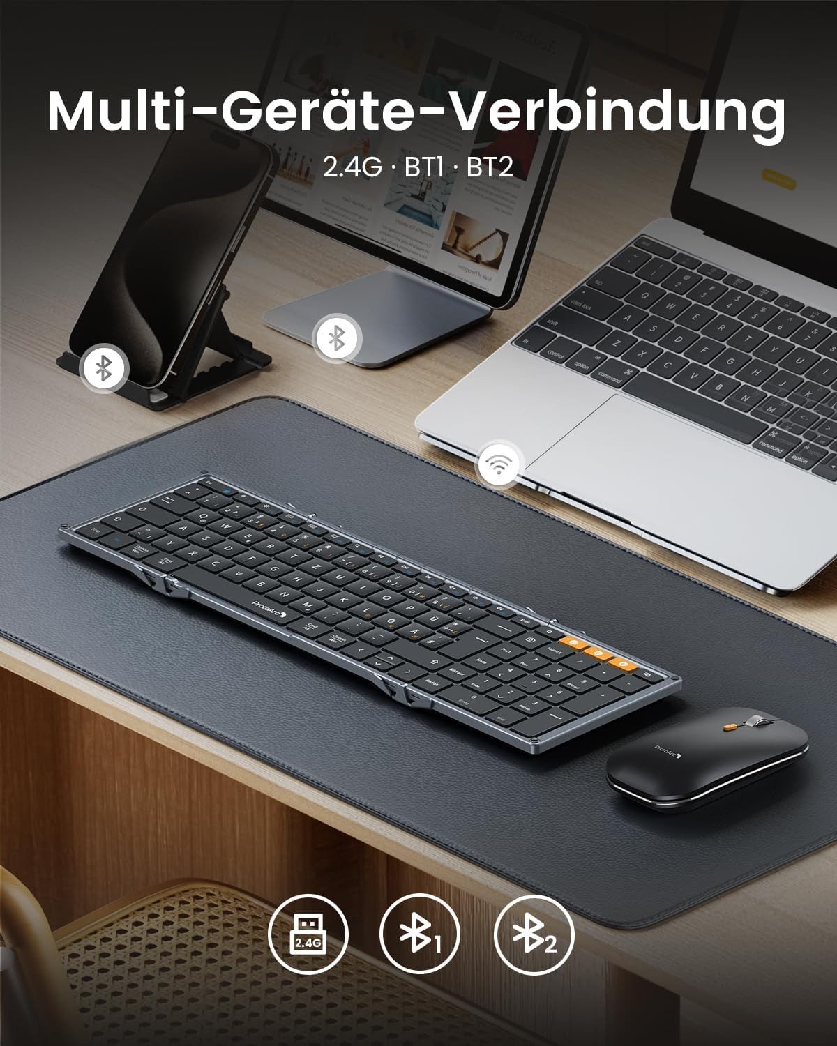 ProtoArc XKM01 Faltbare Bluetooth Tastatur Klappbar Maus Set Tastatur (2.4G+Dual Bluetooth Full-Size Mobile Tastatur QWERTZ-Layout)
