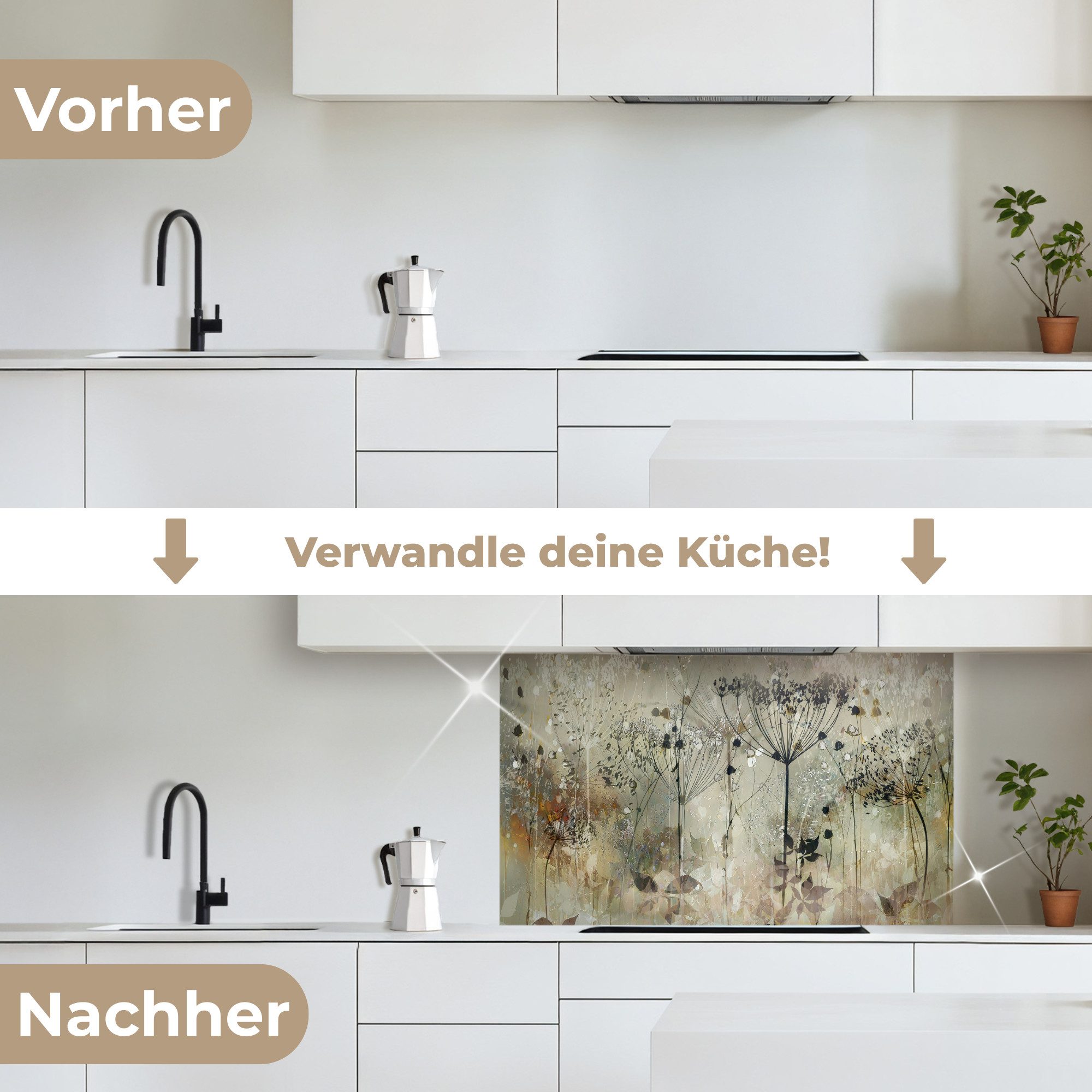 KitchenYeah Küchenrückwand selbstklebend (keine Folie) Blumen - Grau - Natur - Kunst, (1-tlg), Küchenspritzschutz, Küche, Rückwand, Küchenwand, Wandschutz, 100x60 cm