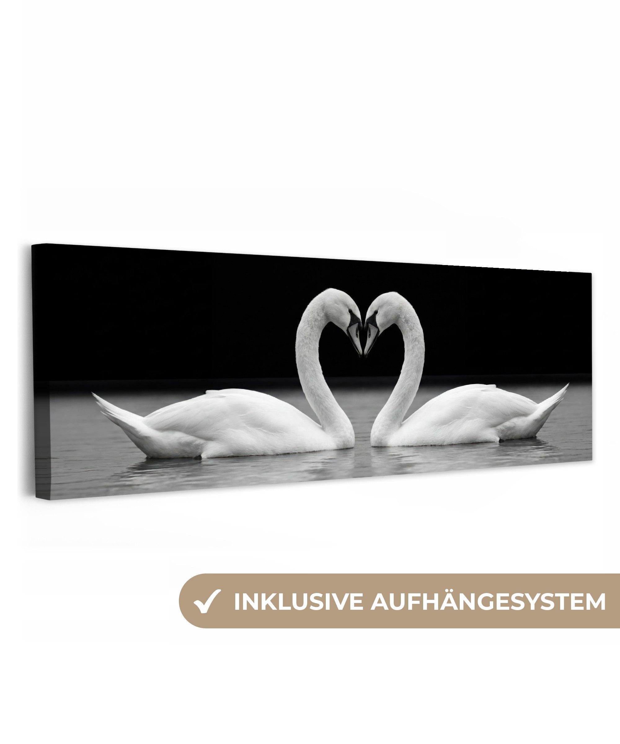 OneMillionCanvasses® Leinwandbild Panorama Schwäne - Herz - Schwarz - Weiß, Fotodruck (1 St), Wandbild, Deko Schlafzimmer Wohnzimmer Flur 60x20 cm