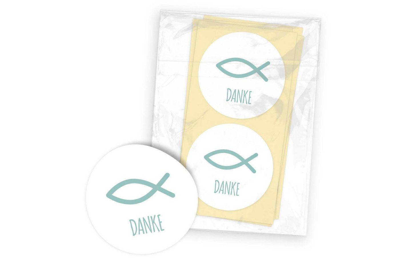 Thumbnail - itenga Aufkleber itenga 100x Sticker "Fisch Danke" türkis auf weißem Hintergrund 4,0 cm