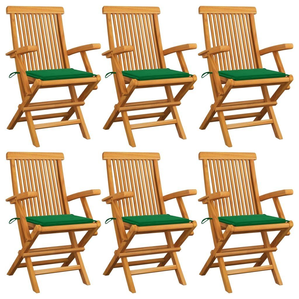 furnicato Gartenstuhl Gartenstühle mit Grünen Kissen 6 Stk. Massivholz Teak