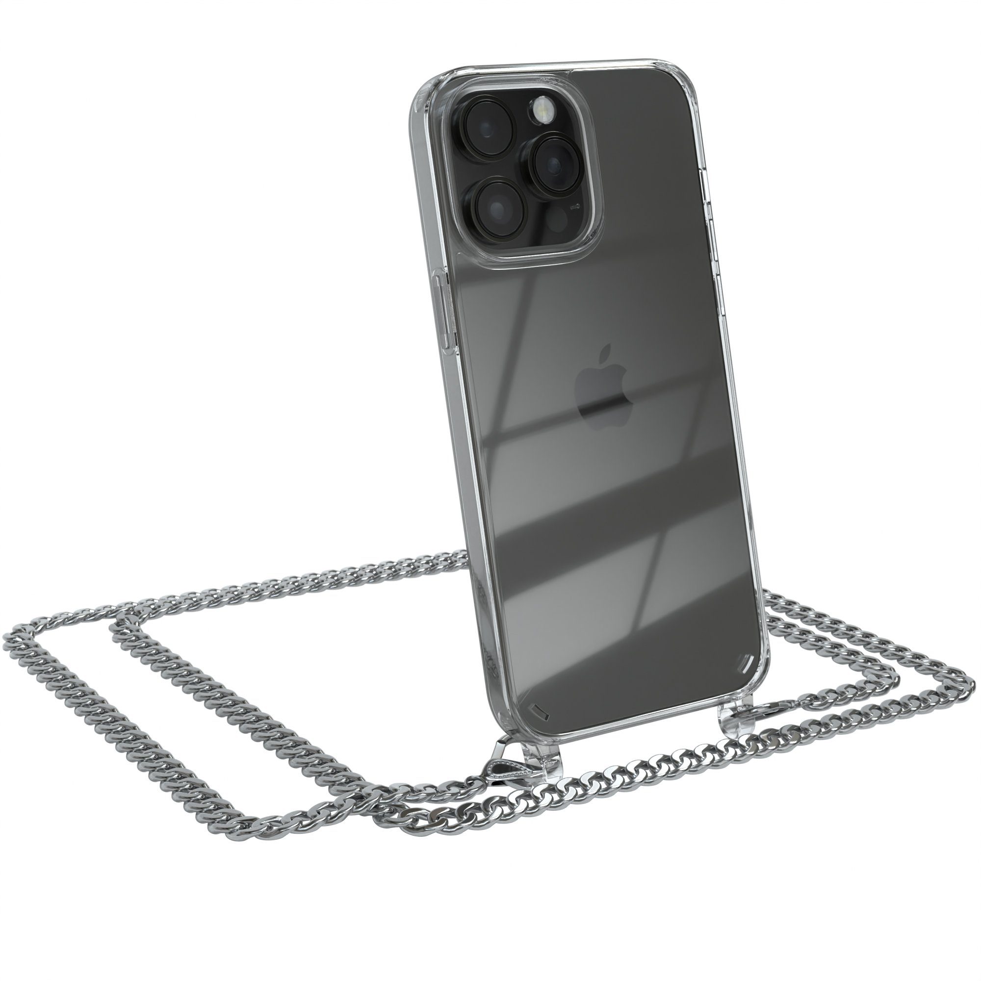 EAZY CASE Handykette 2in1 Metallkette für Apple iPhone 14 Pro Max 6,7 Zoll, Hülle mit Kette Metallkette Slimcover Handykette Umhängetasche Silber