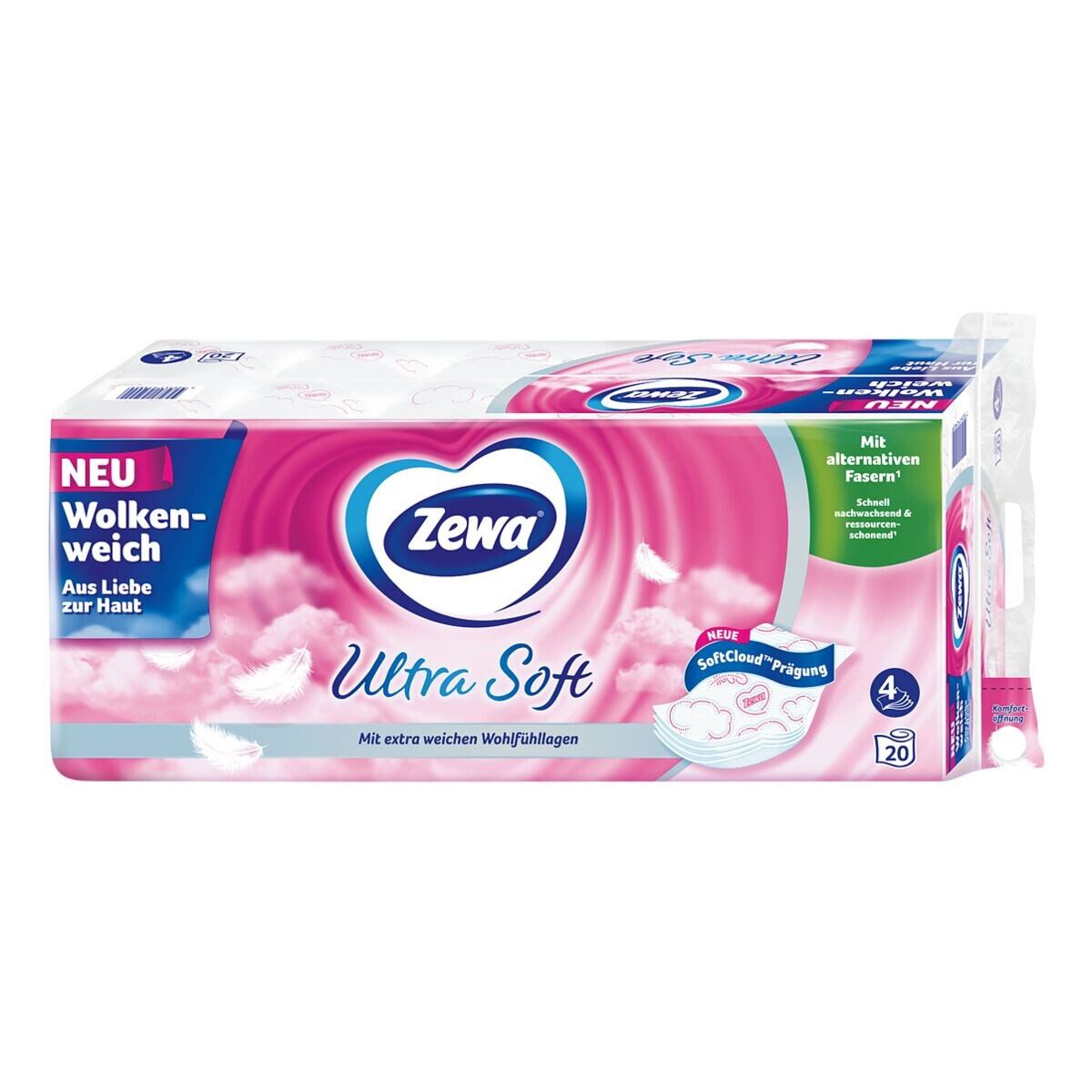 ZEWA Toilettenpapier Ultra Soft (20-St), 4-lagig, mit Strohanteil und Prägung, 150 Blatt/Rolle