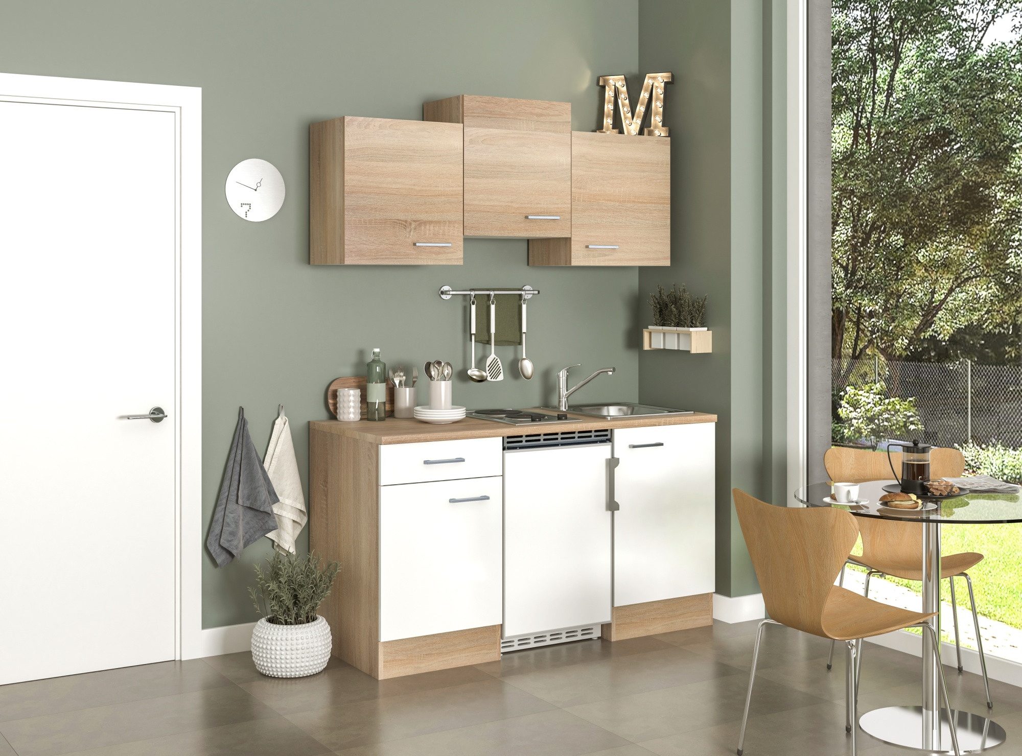 Flex-Well Küchenzeile Singleküche mit E-Geräten - 150 cm breit - Weiß Sonoma Eiche – Salerno