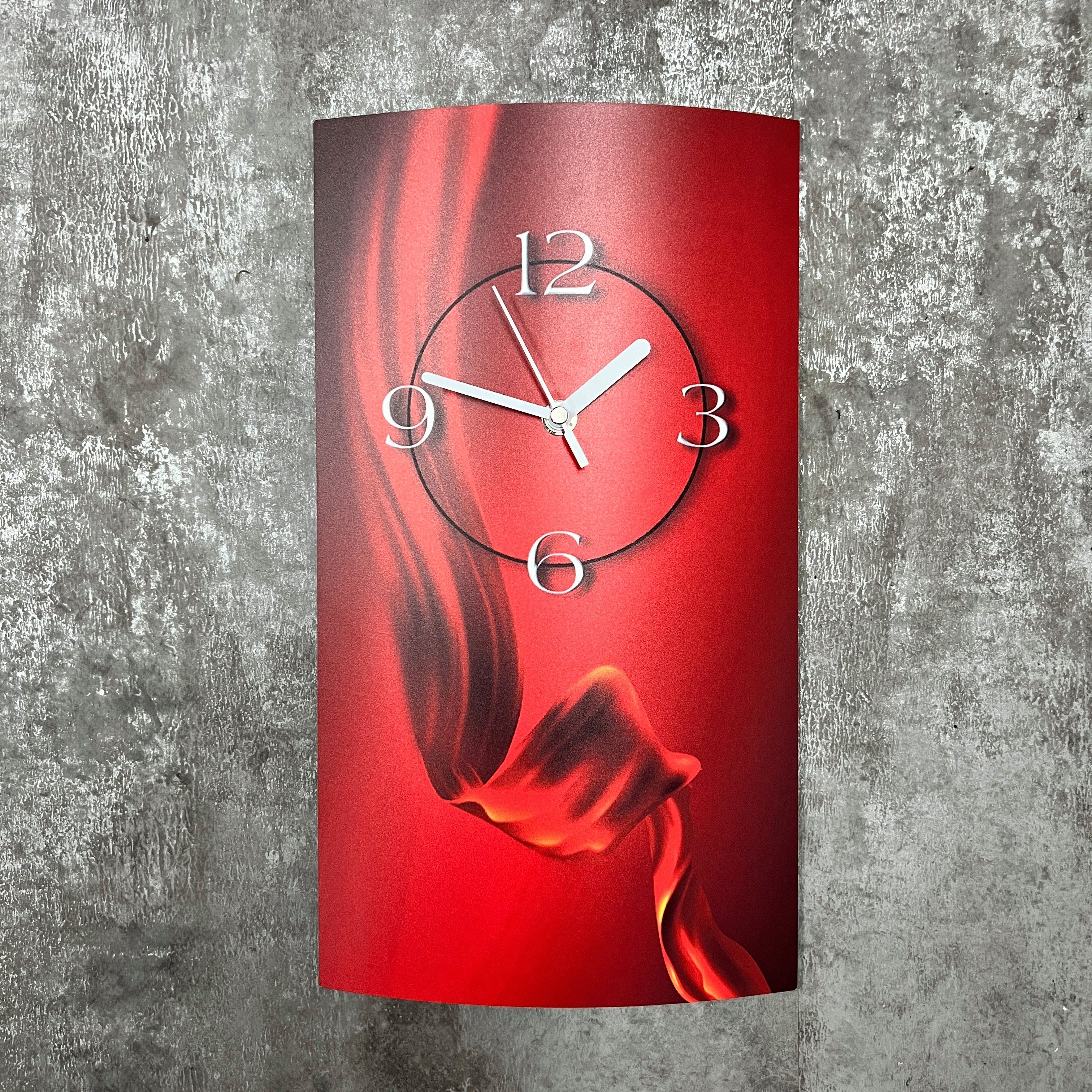 dixtime Wanduhr Abstrakt Seide rot hochkant Designer Wanduhr modernes Wanduhren Design (Einzigartige 3D-Optik aus 4mm Alu-Dibond)