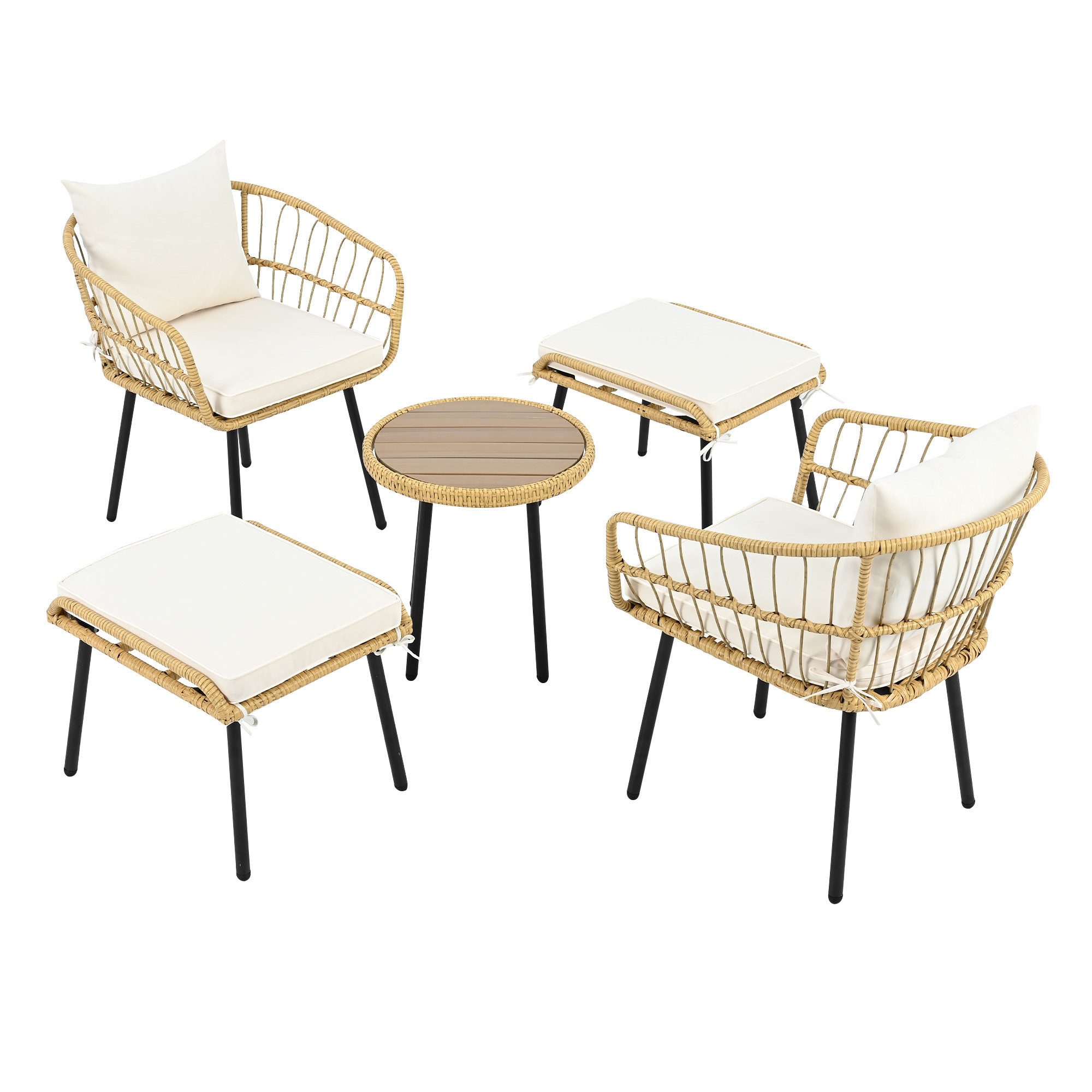 HAUSS SPOLE Gartenlounge-Set 5-teiliges Set mit 1 Esstisch, 2 Stühlen, 2 Hockern, Möbeln, Natur, (Garten-Lounge-Set, Gartenmöbel-Set, Balkonset, 5-tlg., 1 Esstisch, 2 Stühlen, 2 Hockern), Rattan-Geflecht und Metallbeine