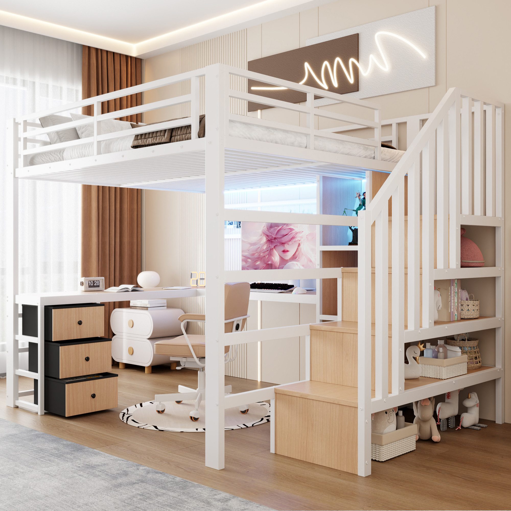 Odikalo Hochbett 90x200 140x200 Kinderbett Jugendbett mit Schreibtisch LED und Stauraum (Eisenrahmen, Ablagefach, 4 Schubladen, Gitter zum Aufhängen von Gegenständen, mit LED-Lichtleiste, Schreibtisch, Treppenkonstruktionen mit Stauraum, Ohne Matratze)