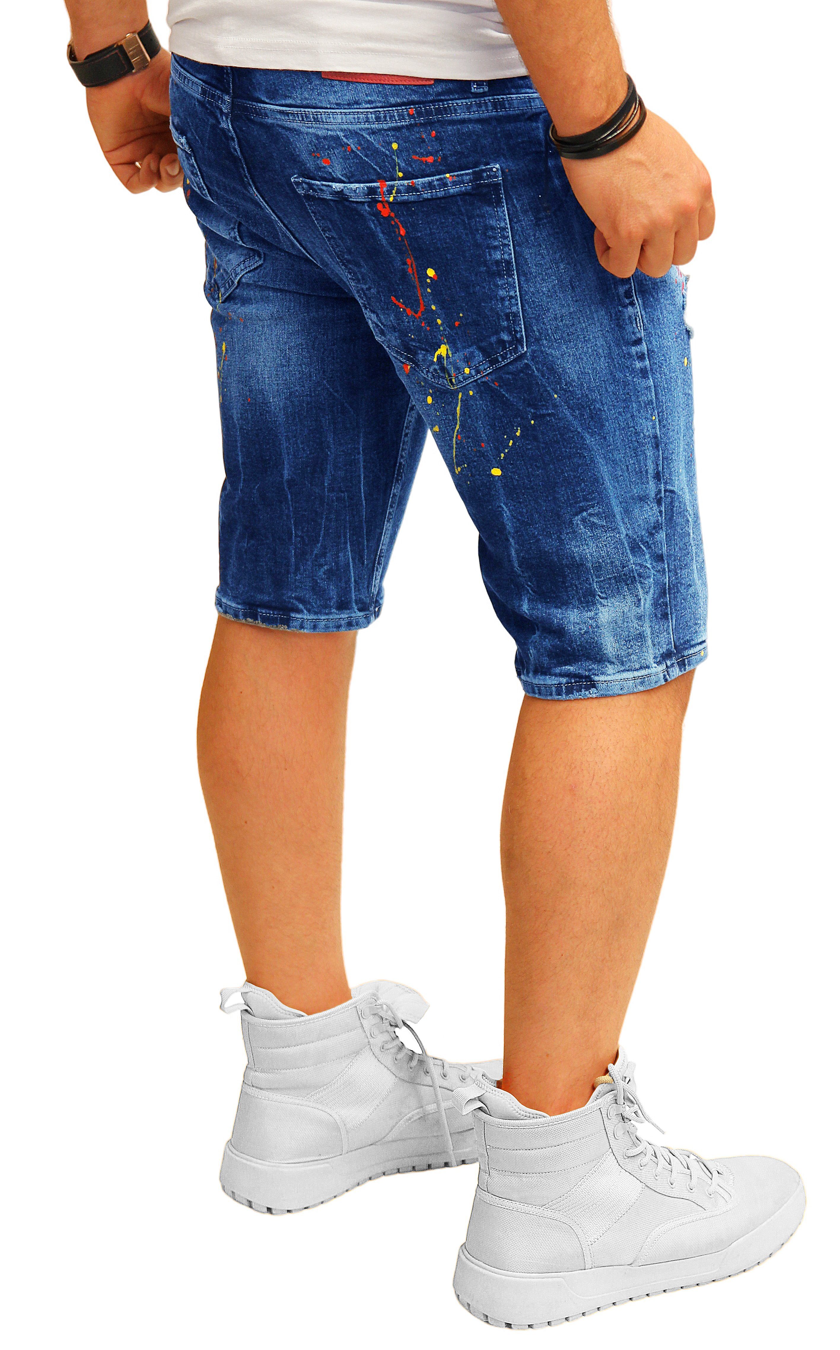 (B.703) RMK 5 Jeansshorts Pocket mit Jeans Blue short Farbspritzern Blau