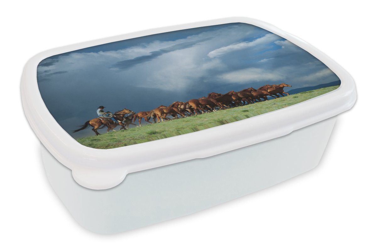 MuchoWow Lunchbox Pferde - Cowboy - Luft, Kunststoff, (2-tlg), Brotbox für Kinder und Erwachsene, Brotdose, für Jungs und Mädchen weiß