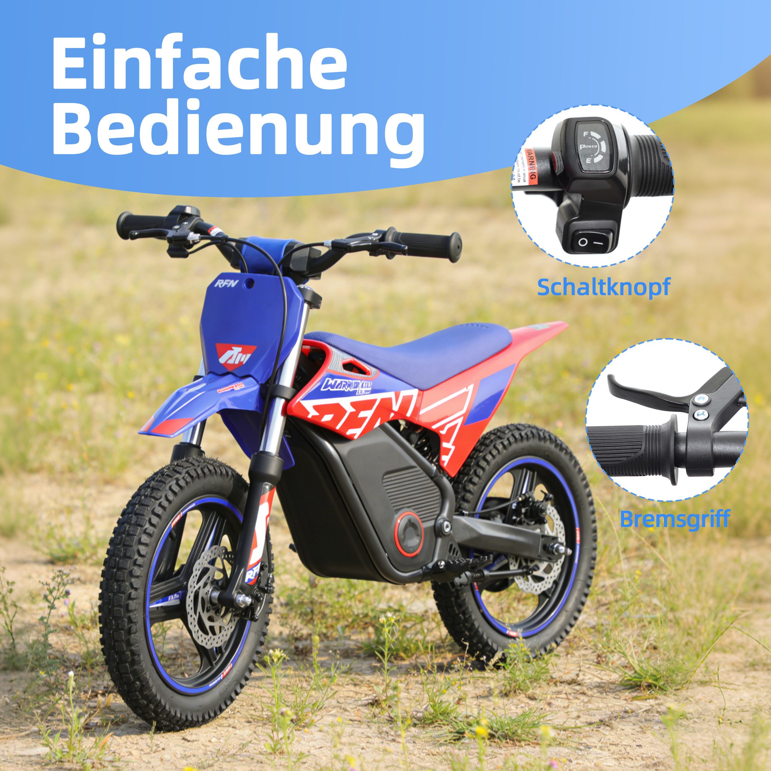 Vankel Elektro-Kindermotorrad SX-E350 350W 14 Zoll E-Motorrad für Kinder 8-12 Jahre 36V Akku, Belastbarkeit 50 kg, 3 Fahrstufen, Bis 30 km/h, 17 Nm, Scheibenbremsen und Federung