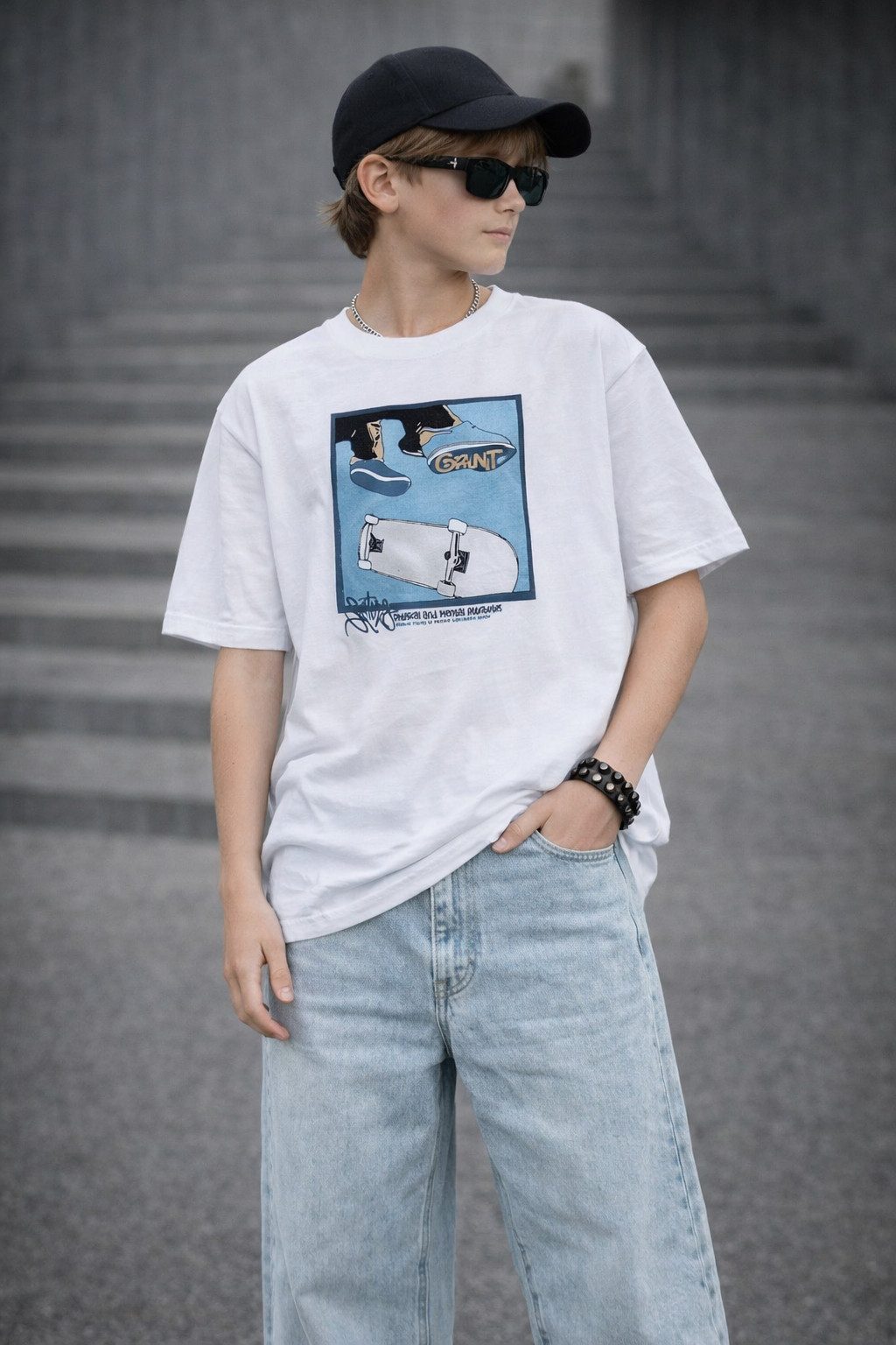 GRUNT T-Shirt GRBabui (1-tlg) Weißes Shirt mit farbigem Frontprint im Skateboard-Style