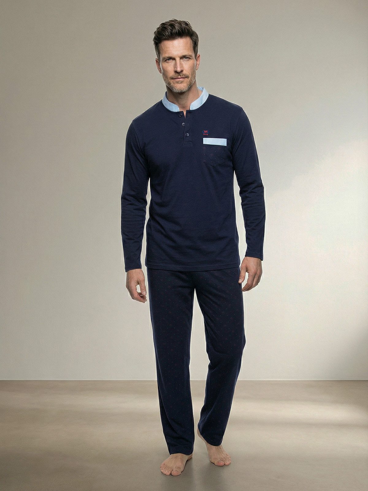 Henry Terre Pyjama Bruno Langarm- Stehkragen Shirt Uni gemusterte Hose Brusttasche