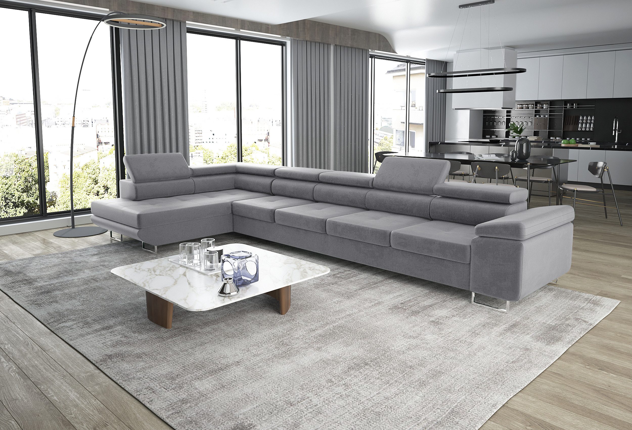 thematys Ecksofa ASTON MAXI 405 x 203cm mit Schlaffunktion & Bettkasten –, L-Sofa mit 5 verstellbaren Kopfstützen, Samt (Monolith), Cord (Poso) - L-Form, XL-Wohnlandschaft, 405 cm breit