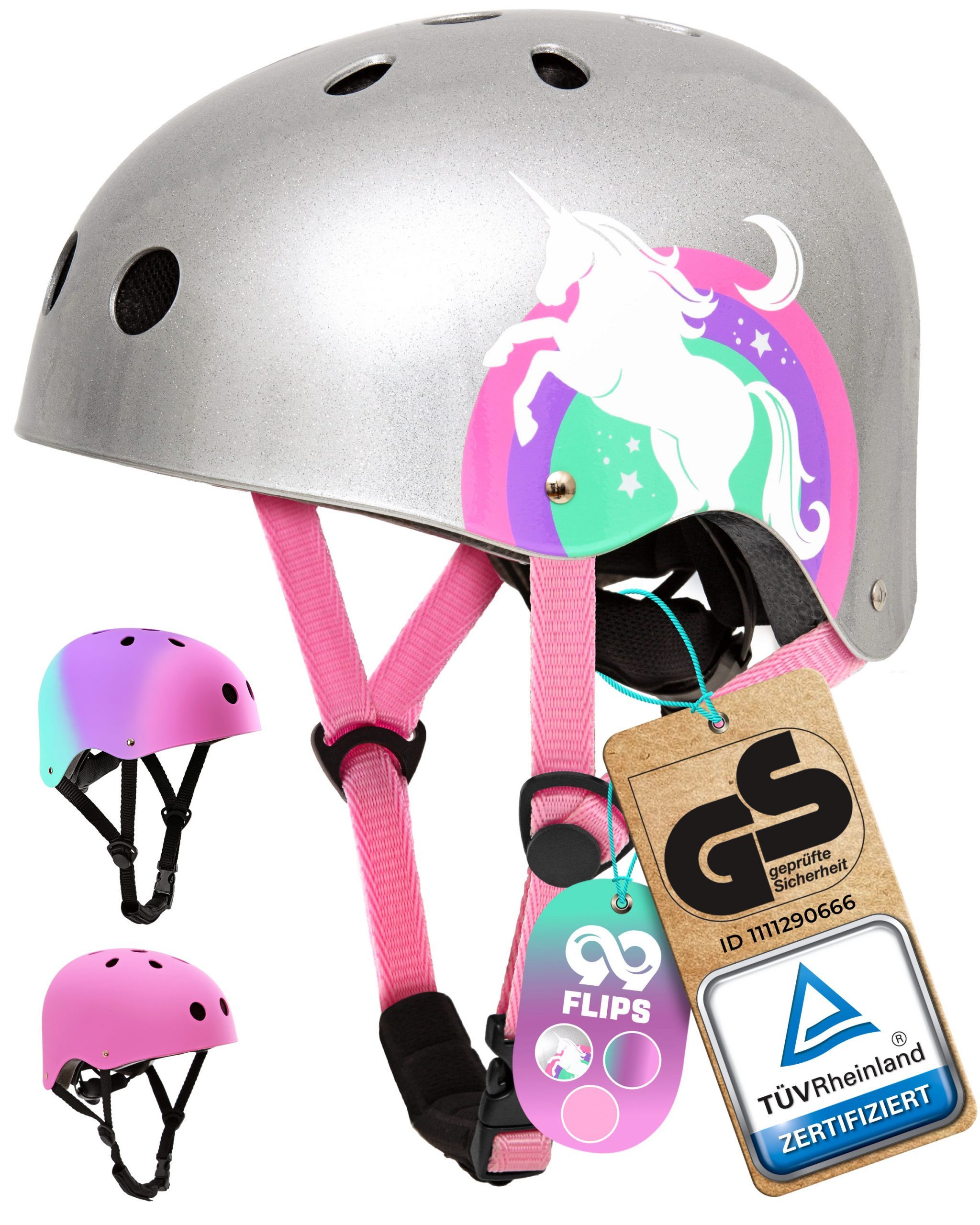 99FLIPS Fahrradhelm Mädchen ab 3 Jahre Skateboard Helm Kinder Einhorn Design, Kinderhelm Inliner Fahrrad Helm Pink Kleinkinder Schlittschuhe