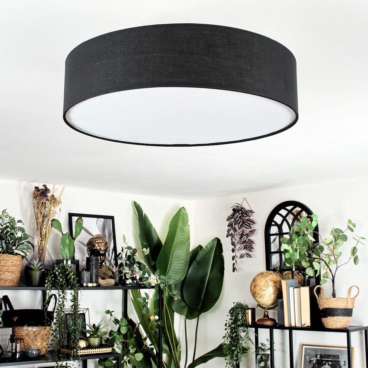 hofstein Deckenleuchte Deckenlampe aus Metall/Stoff/Kunststoff in Nickel-matt/Schwarz/Weiß, ohne Leuchtmittel, runde Leuchte im modernen Design (50cm), E27