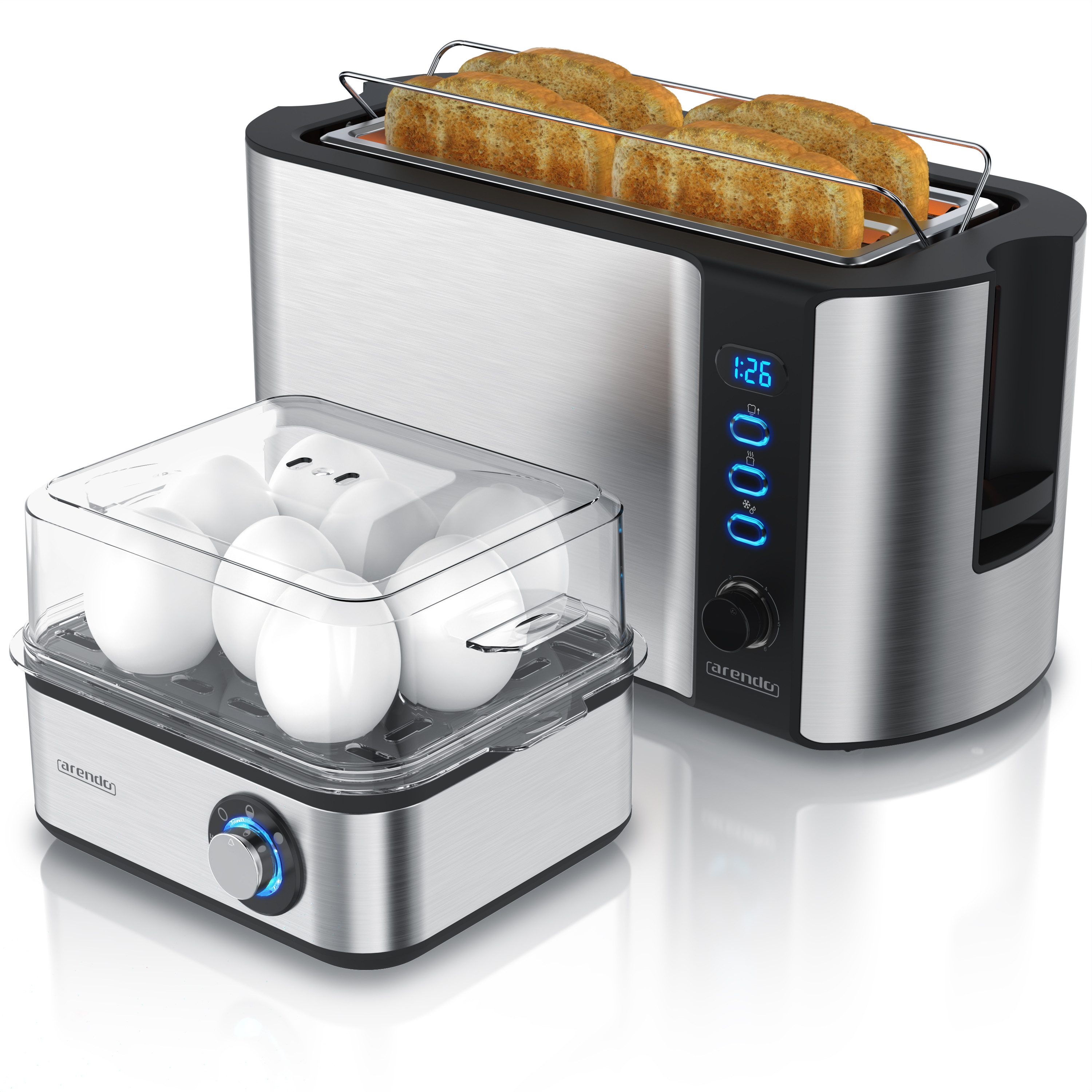 Arendo Frühstücks-Set 4-Scheiben Langschlitz Toaster, 8er Eierkocher, Silber (2-tlg), Edelstahl, BPA-frei, GS-geprüfte Sicherheit, fürs Familienfrühstück