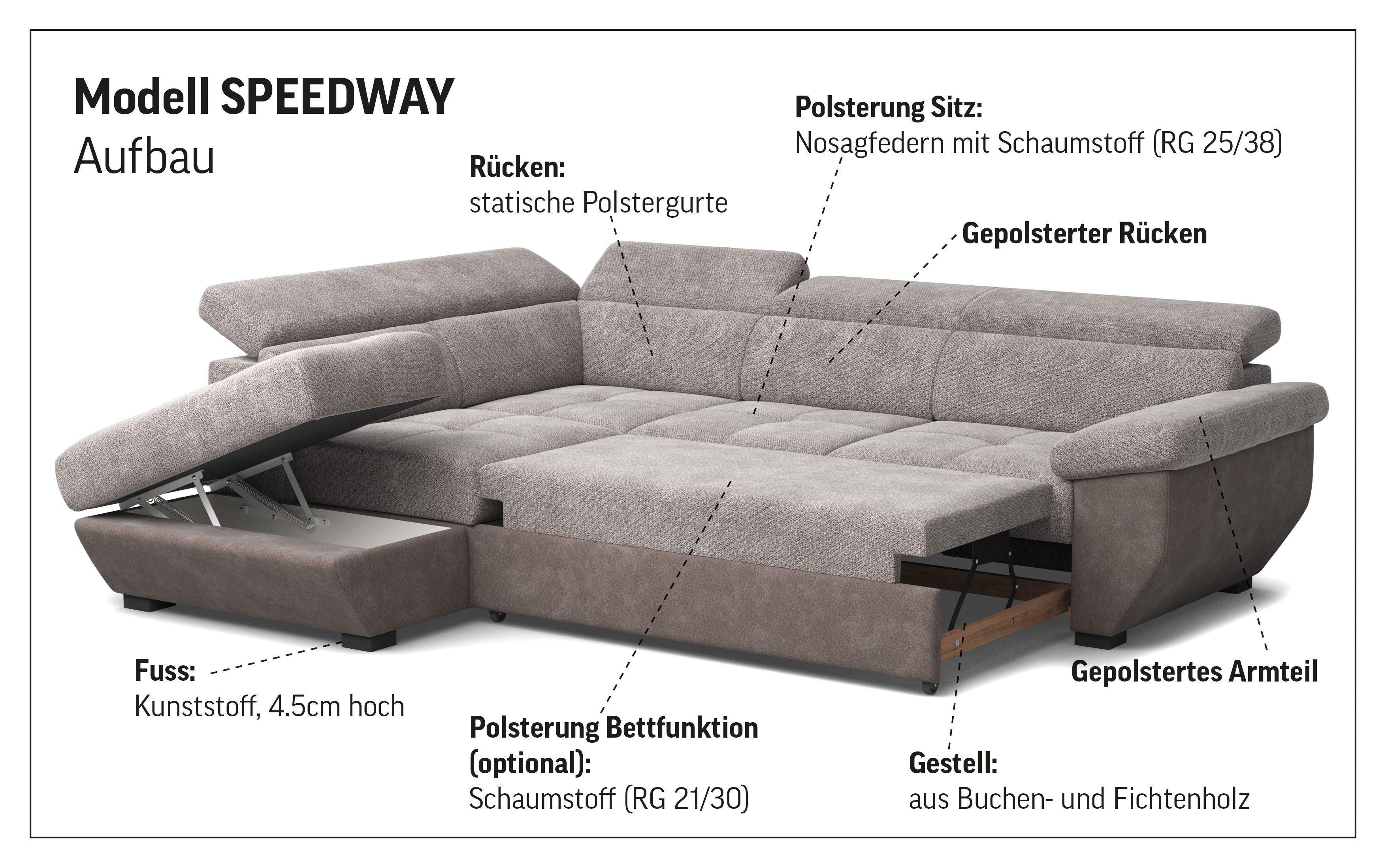 COTTA Ecksofa Speedway L-Form, B: 262 cm, Kopfteilverstellung, optional Schlaffunktion & Bettkasten