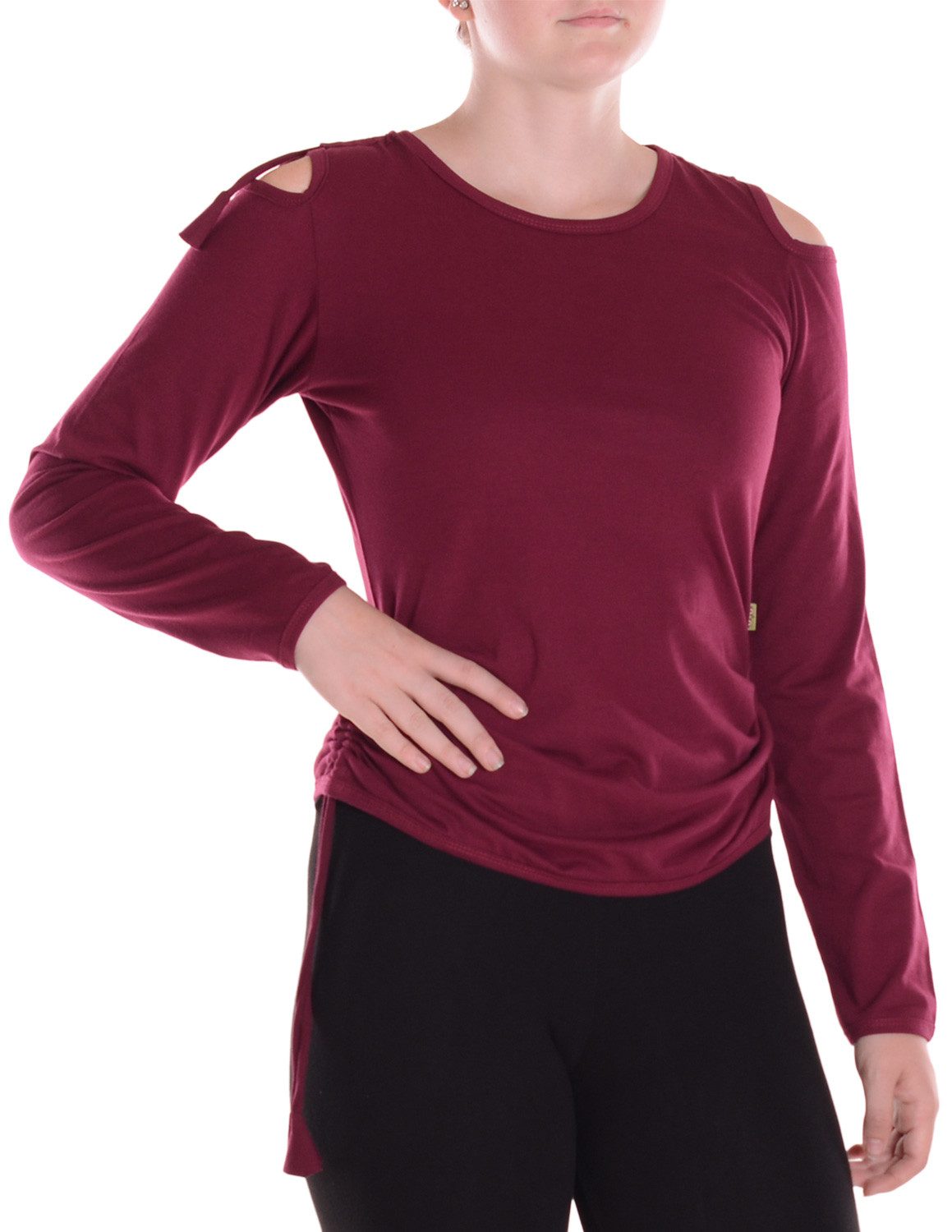 Langarmshirt Damen Shirt Offene Schulter Raffung Jersey Baumwolle