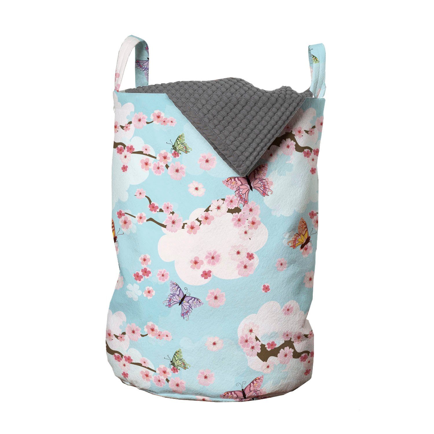 Abakuhaus Wäschesäckchen Wäschekorb mit Griffen Kordelzugverschluss für Waschsalons, Kirschblüte Schmetterlinge Sakura